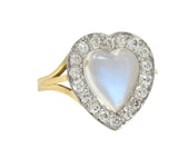 Edwardian Diamond Moonstone Platinum 14K Gold Antique Heart Halo Ring