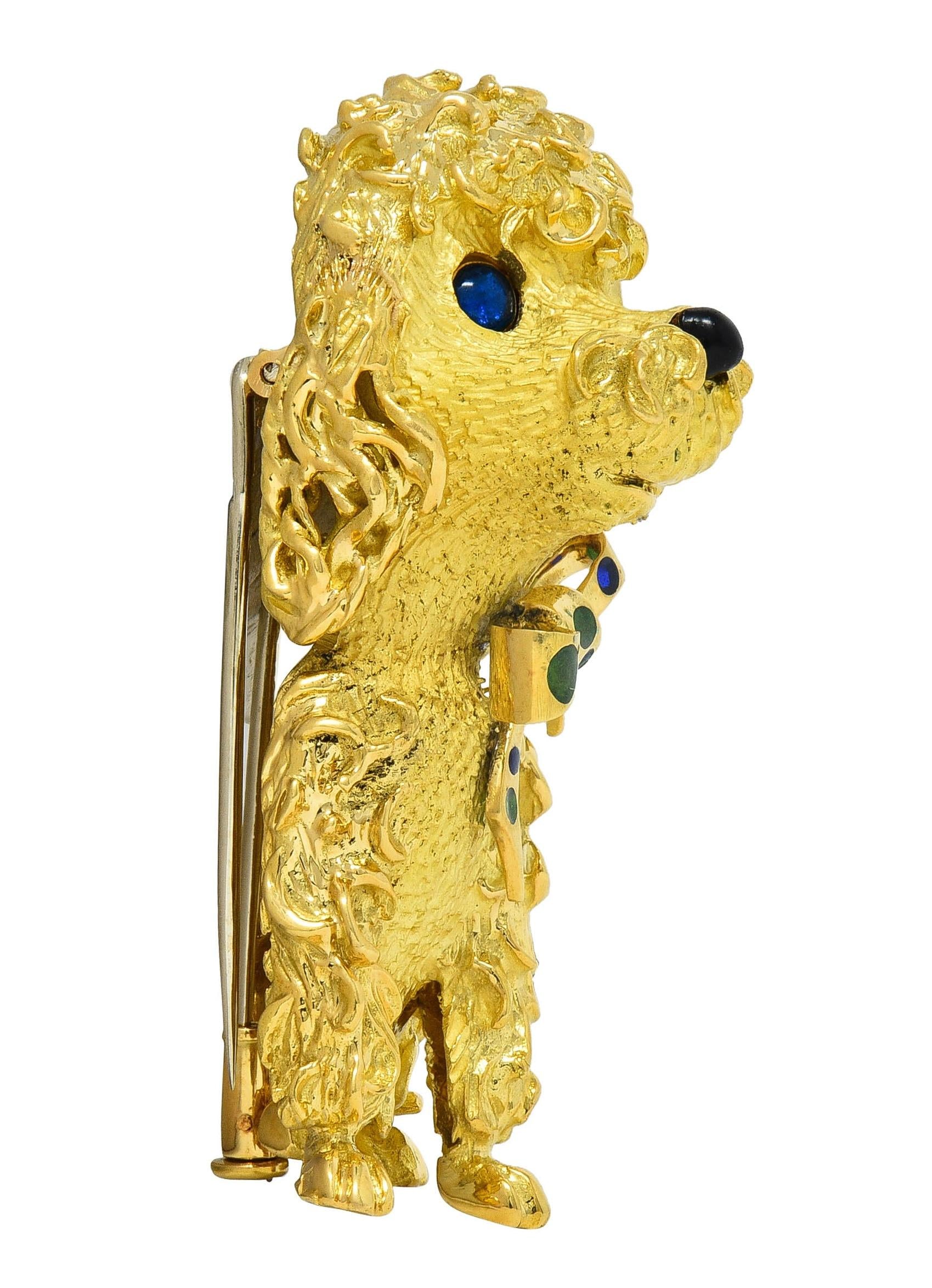 French 1960's Enamel 18 Karat Yellow Gold Vintage Poodle Dog Brooch