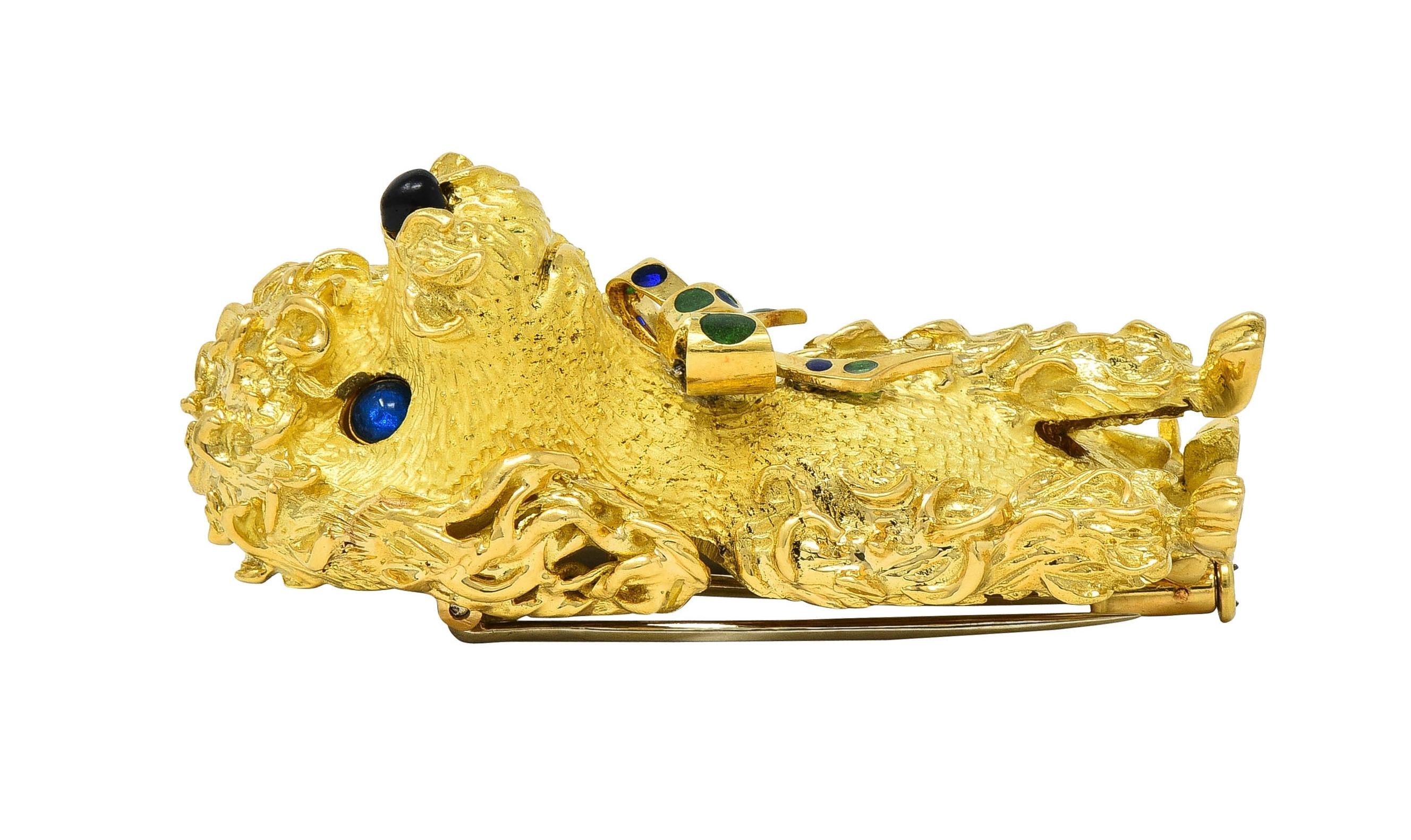 French 1960's Enamel 18 Karat Yellow Gold Vintage Poodle Dog Brooch