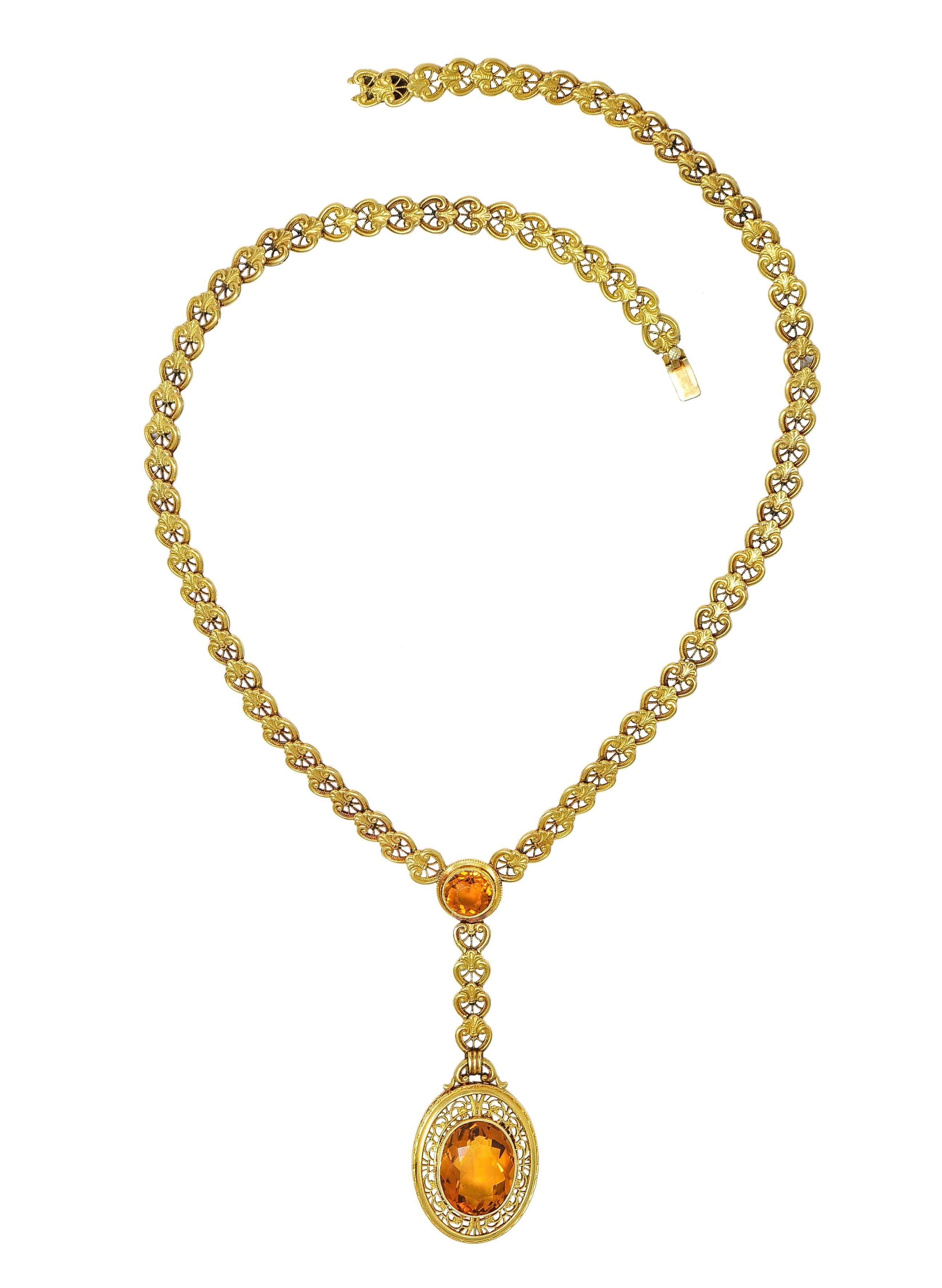 Art Deco Bippart & Co. Citrine 14 Karat Yellow Gold Antique Lotus Drop Necklace