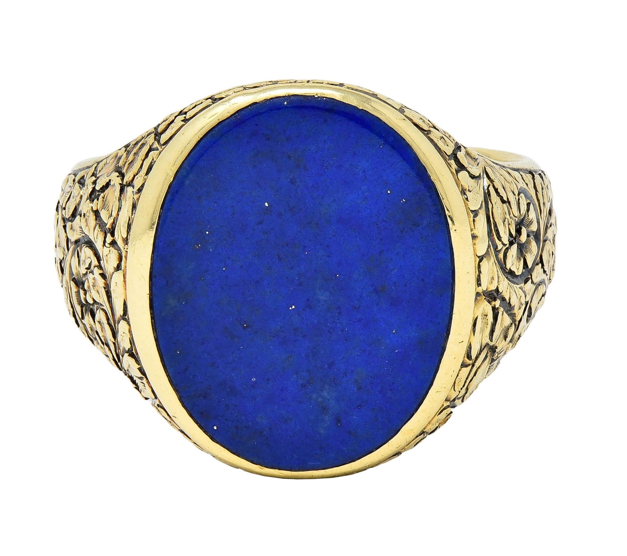 Victorian Lapis Lazuli 14 Karat Yellow Gold Floral Unisex Signet Ring