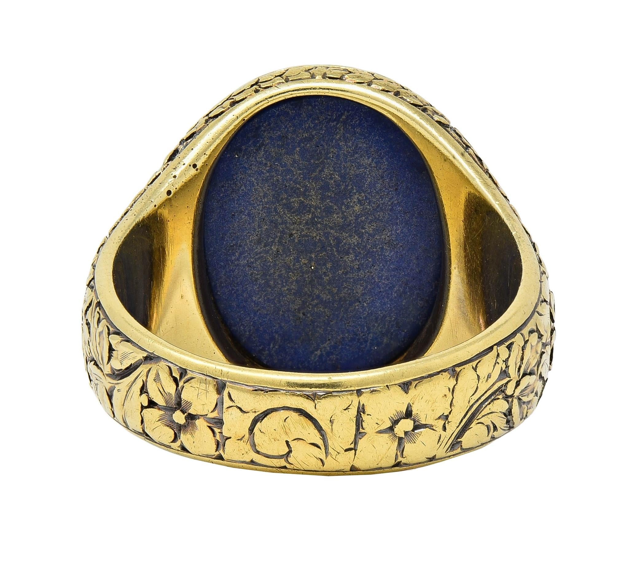 Victorian Lapis Lazuli 14 Karat Yellow Gold Floral Unisex Signet Ring