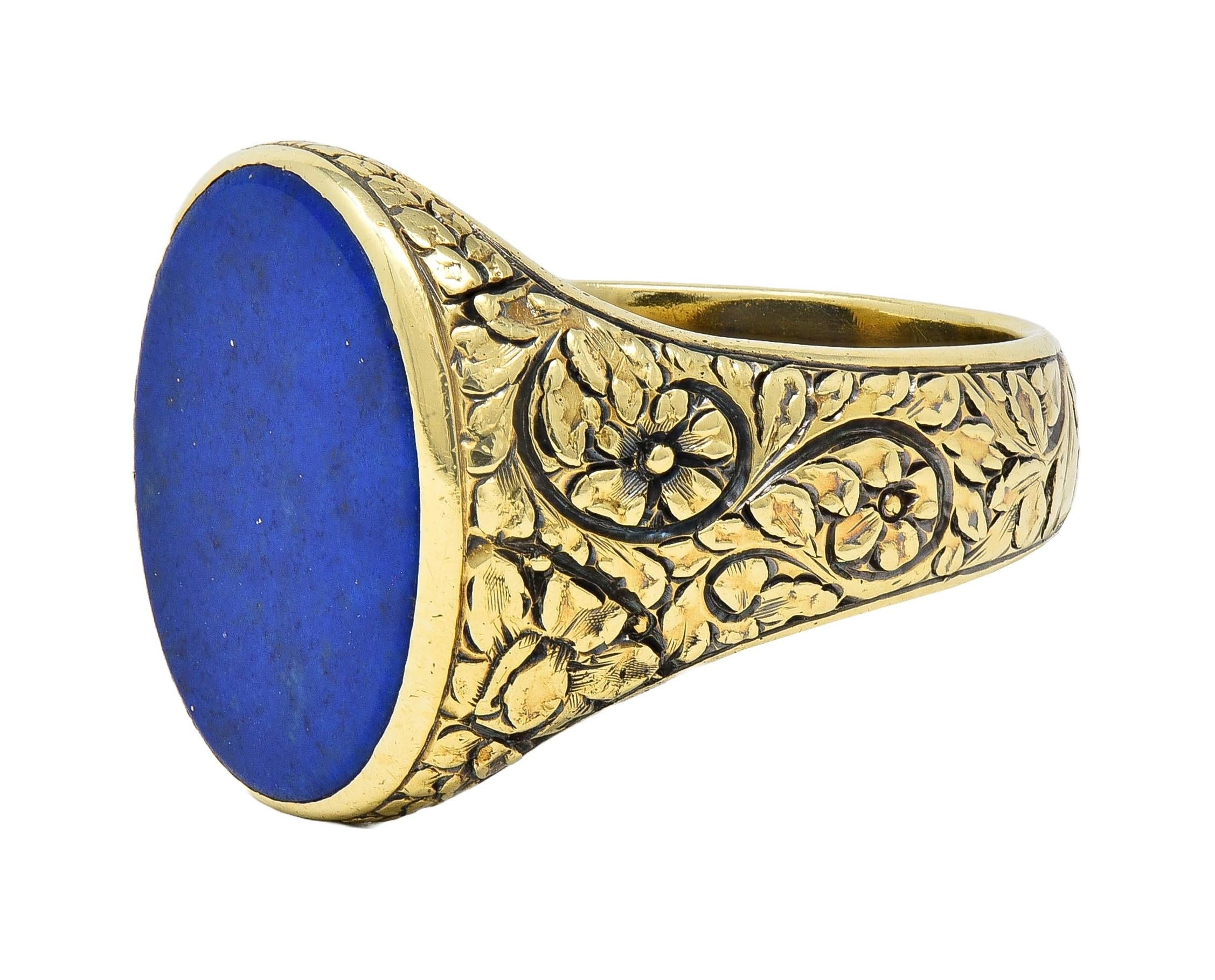 Victorian Lapis Lazuli 14 Karat Yellow Gold Floral Unisex Signet Ring