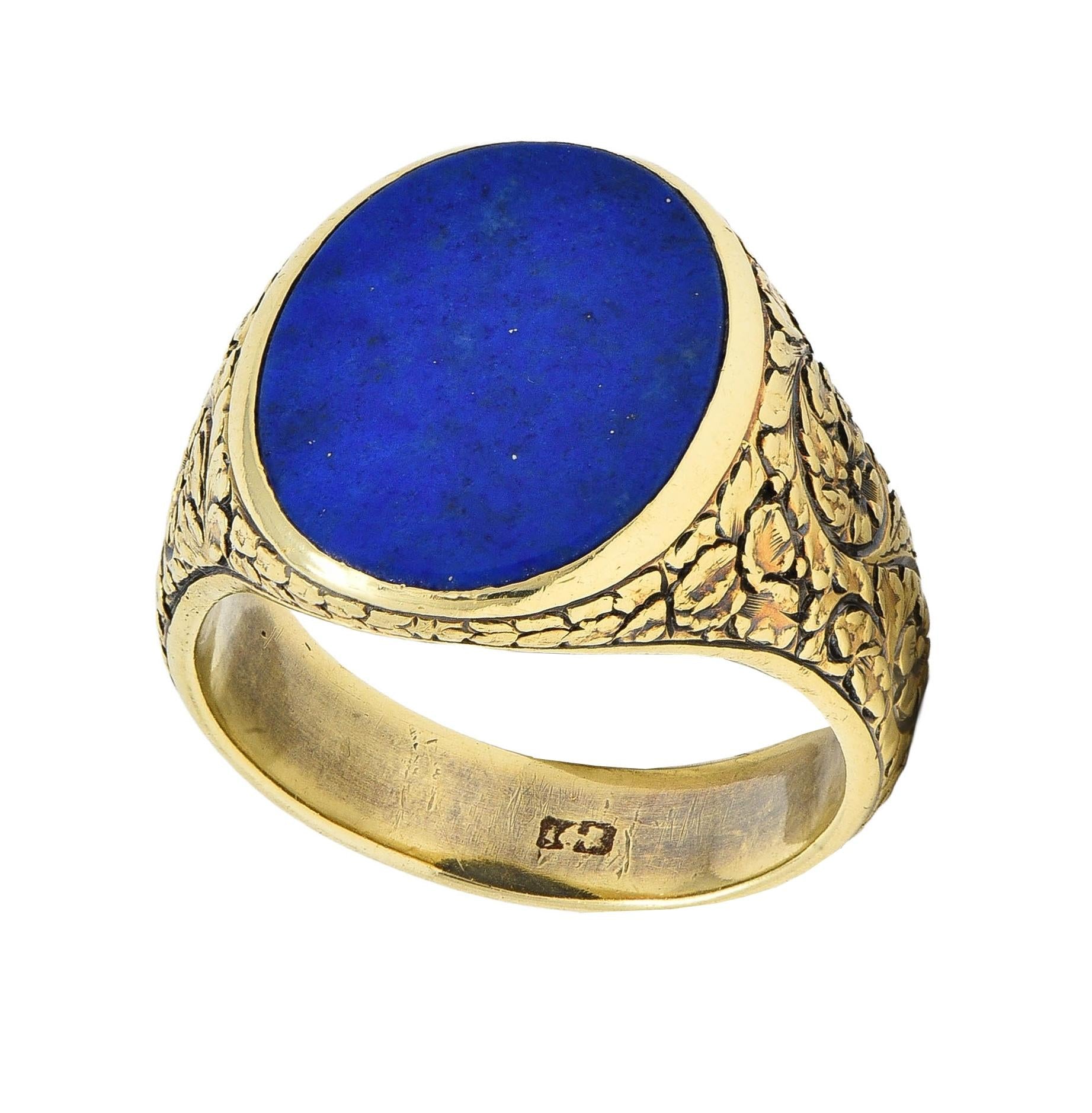 Victorian Lapis Lazuli 14 Karat Yellow Gold Floral Unisex Signet Ring