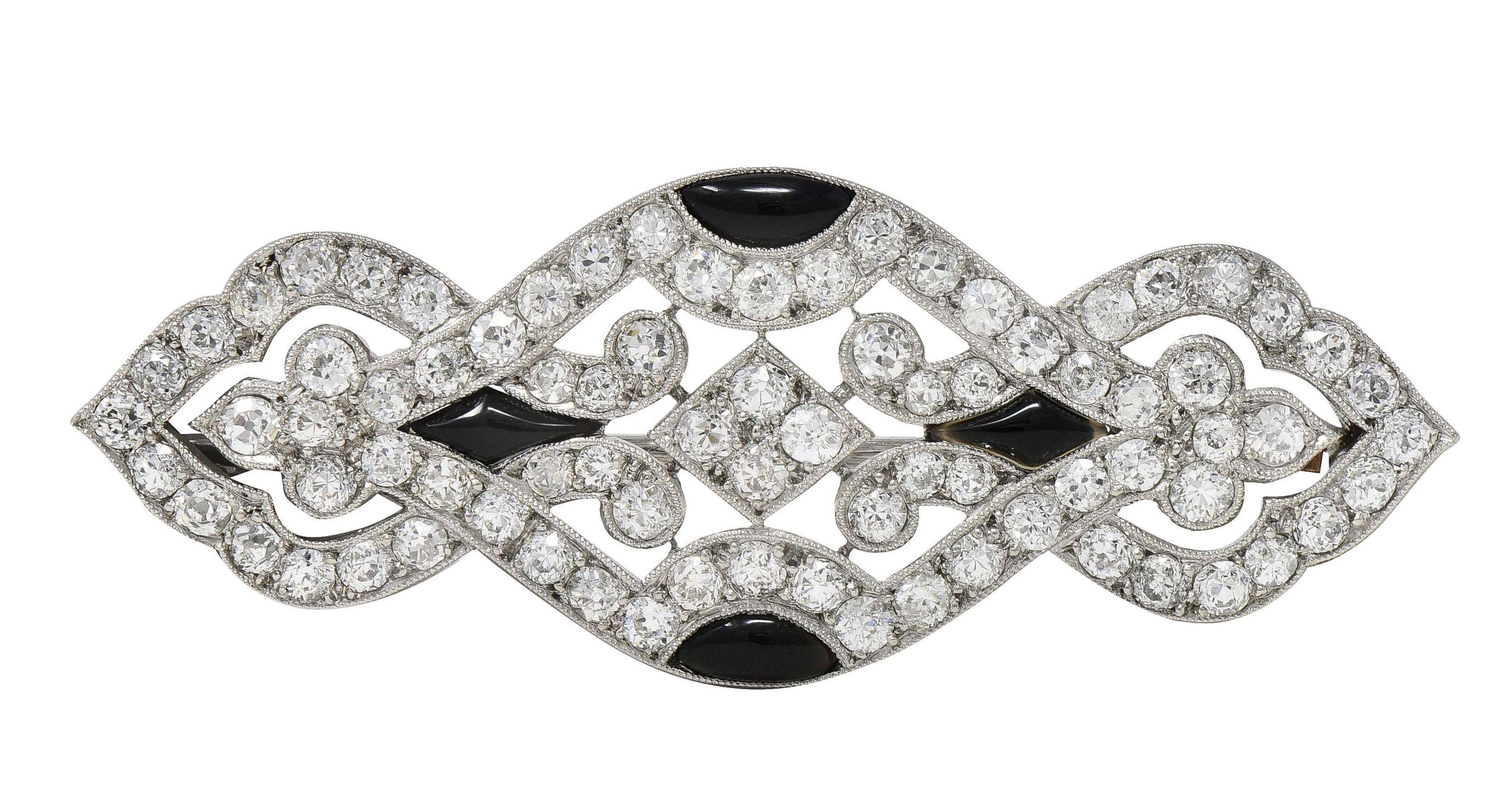 Art Deco French European Cut Diamond Onyx Platinum Pierced Vintage Brooch