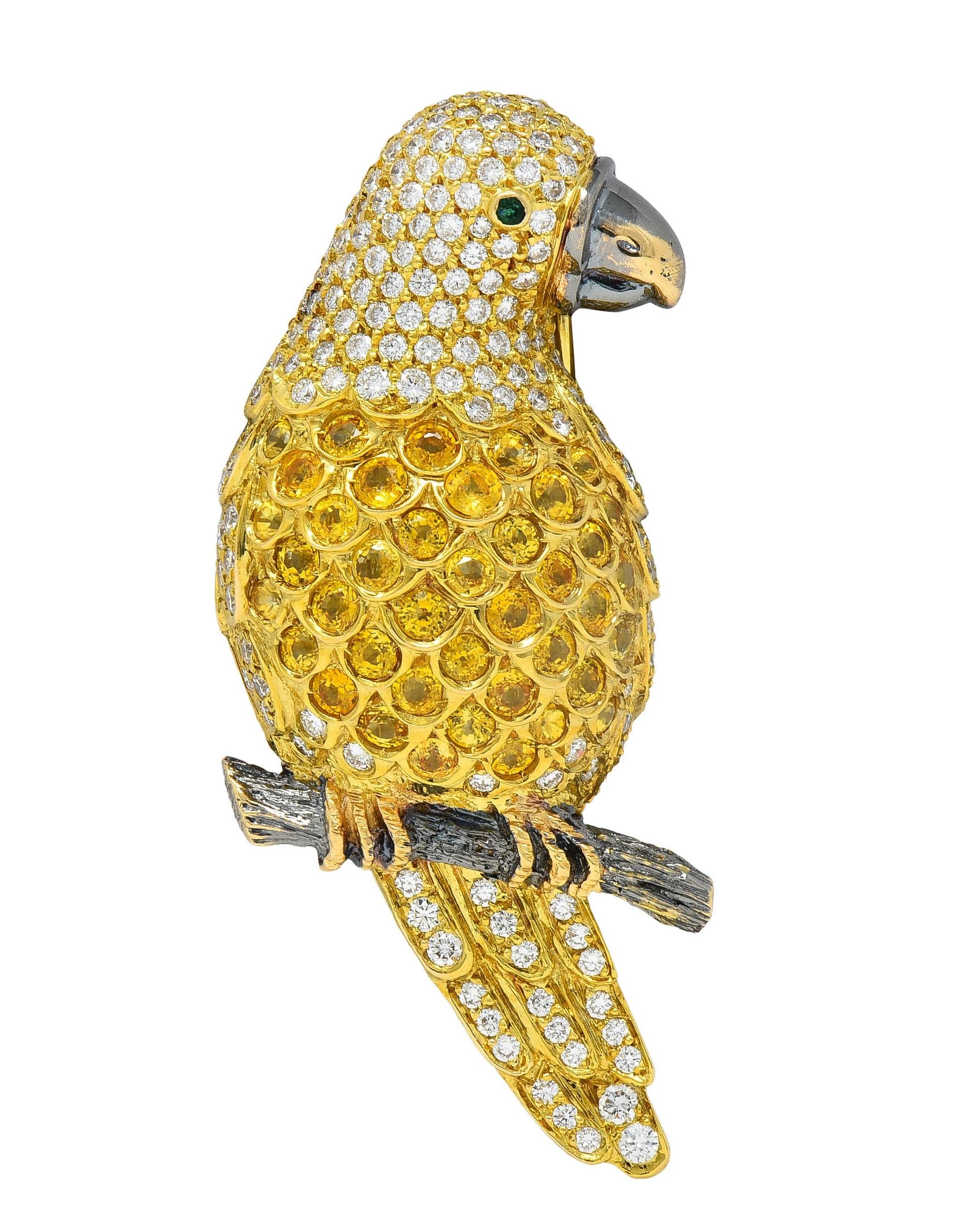 Contemporary 8.50 CTW Yellow Sapphire Diamond 18K Gold Vintage Parrot Brooch