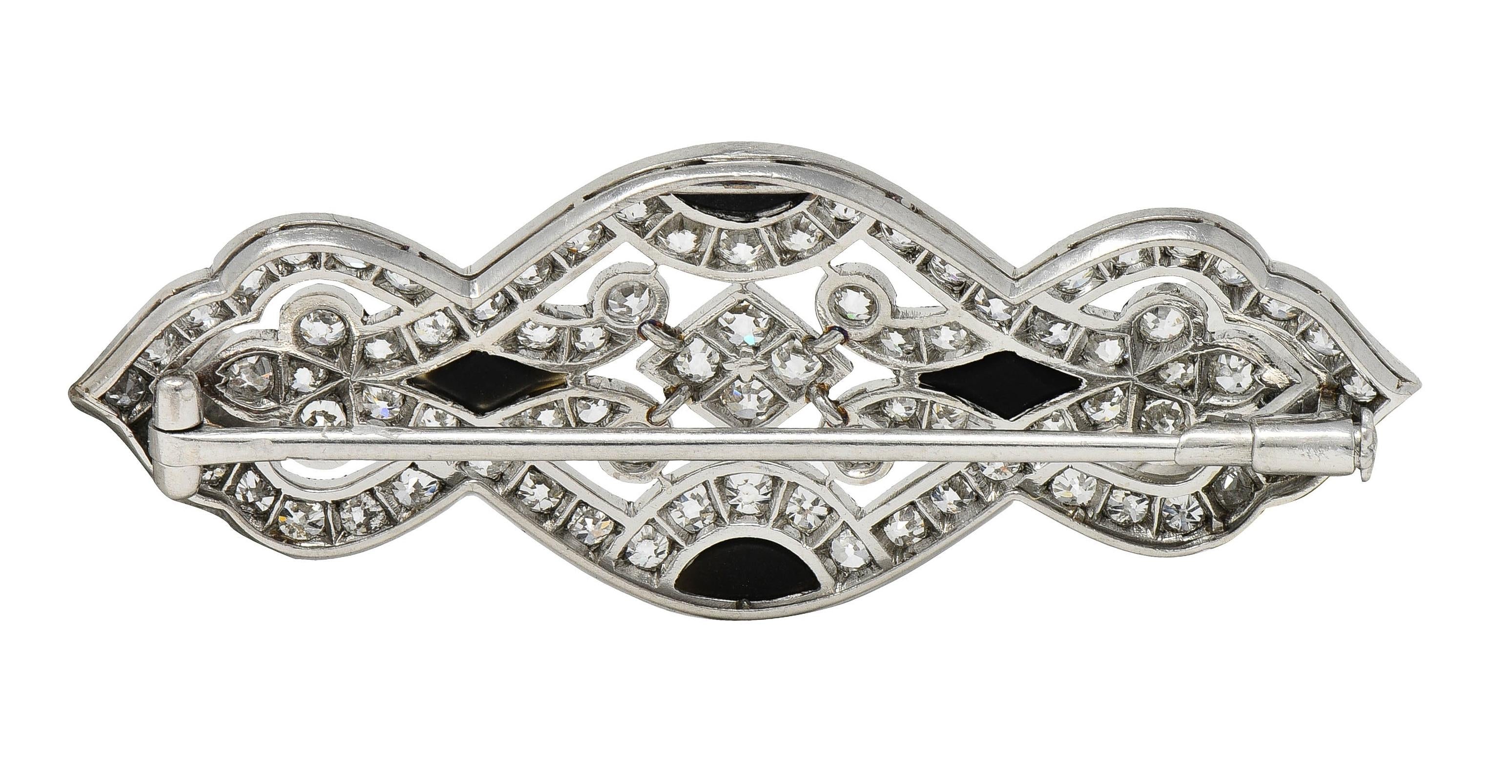 Art Deco French European Cut Diamond Onyx Platinum Pierced Vintage Brooch