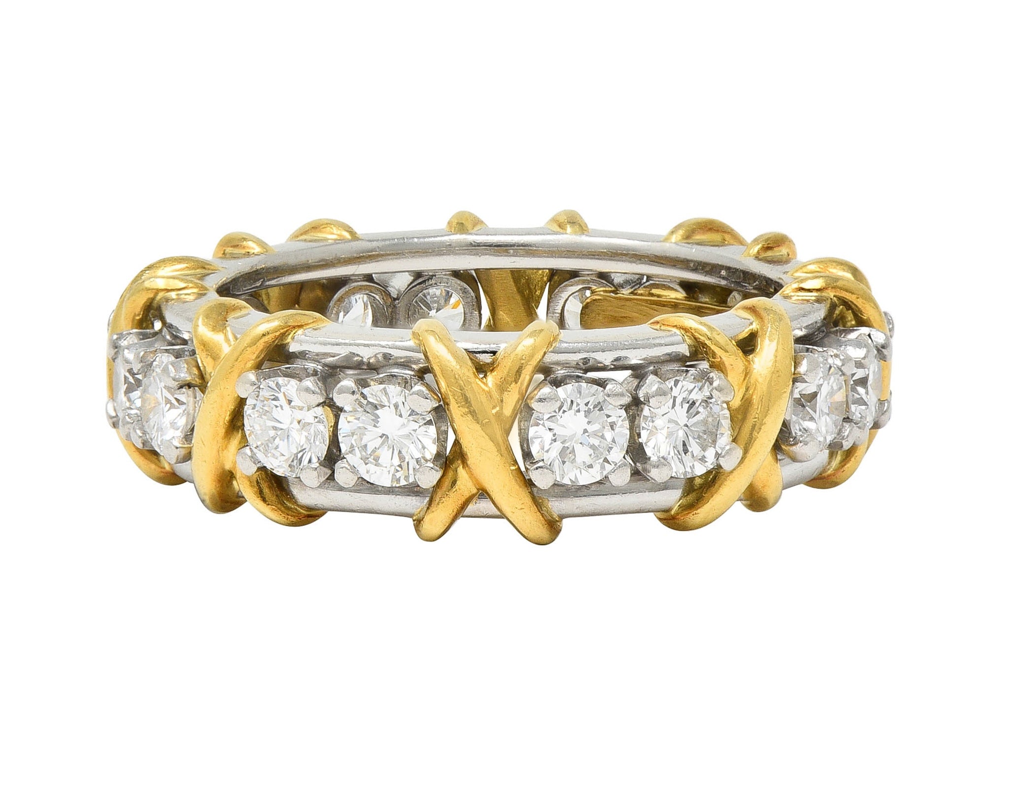 Jean Schlumberger Sixteen Stone Tiffany & Co. Diamond Platinum 18 Karat Gold X Band Ring Wilson's Estate Jewelry