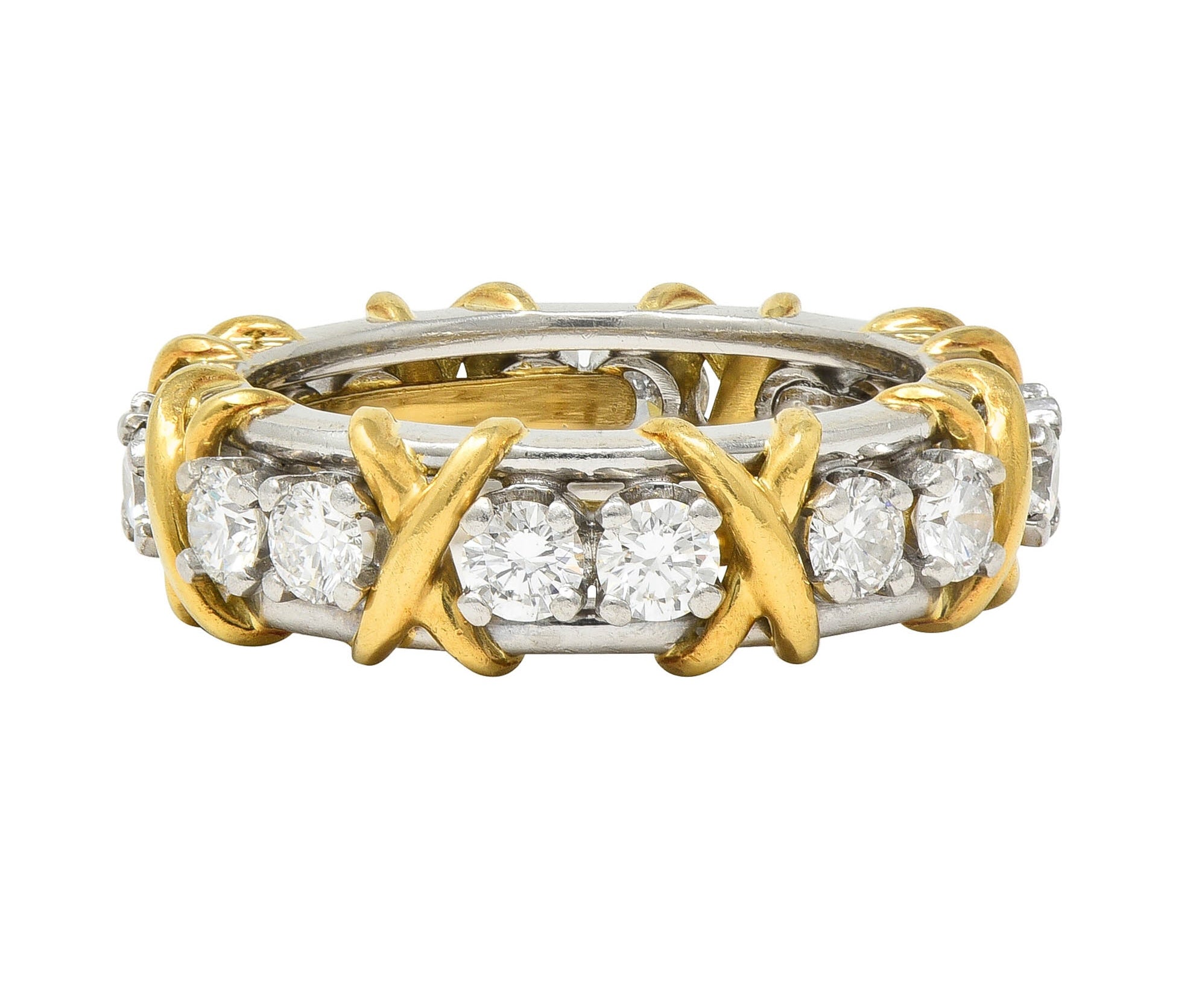 Jean Schlumberger Sixteen Stone Tiffany & Co. Diamond Platinum 18 Karat Gold X Band Ring Wilson's Estate Jewelry