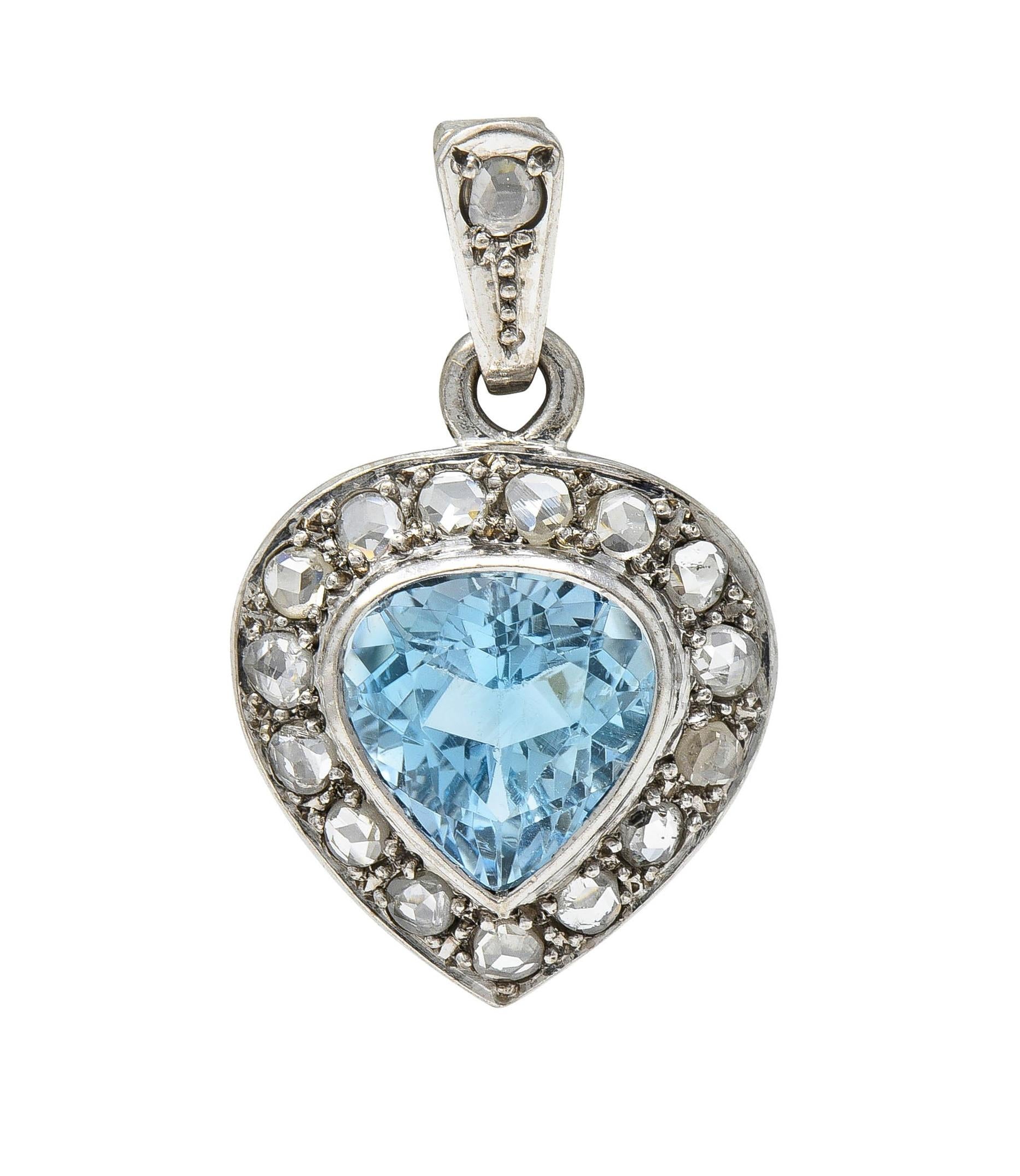 Art Deco 3.07 CTW Aquamarine Diamond 14 Karat White Gold Vintage Heart Pendant