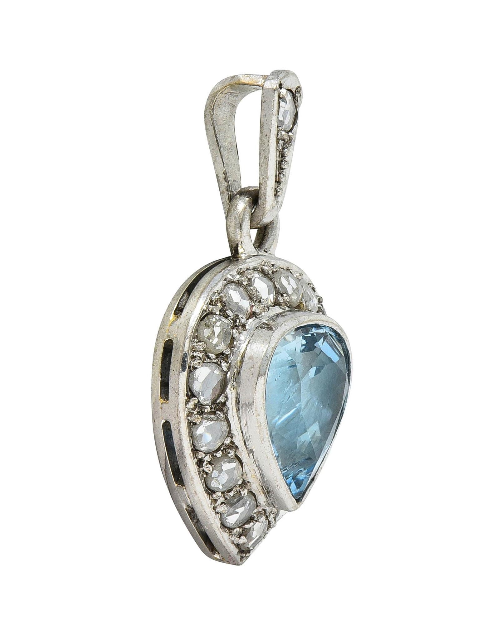 Art Deco 3.07 CTW Aquamarine Diamond 14 Karat White Gold Vintage Heart Pendant