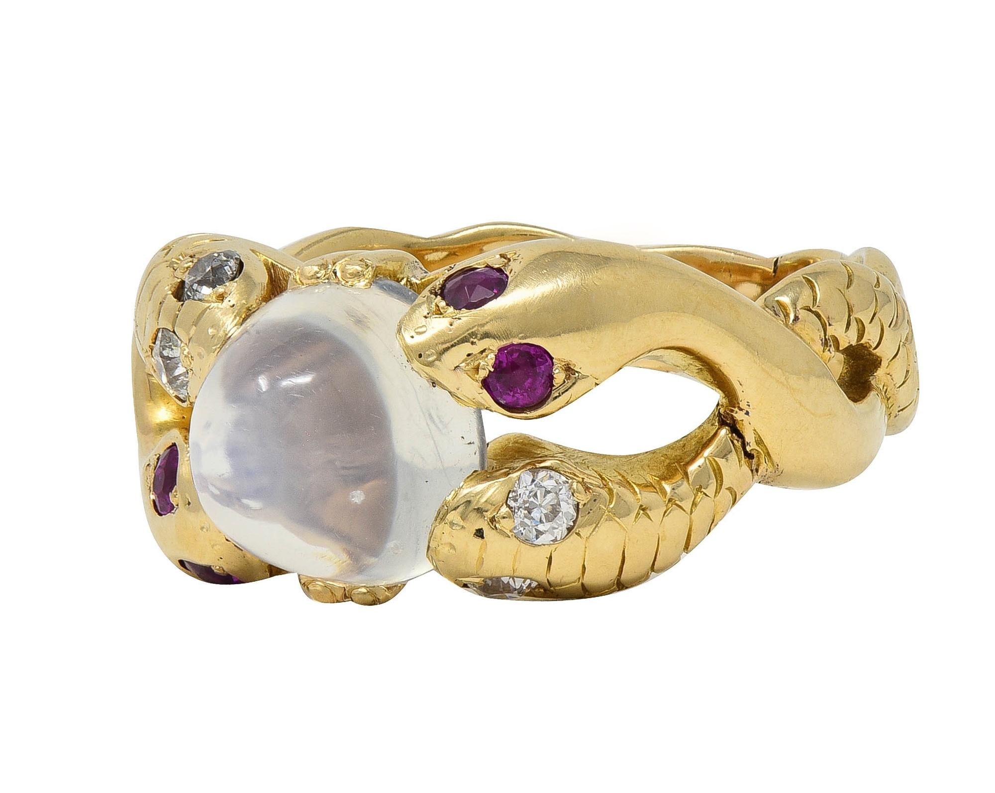 Victorian Ruby Diamond Moonstone Cabochon 14K Yellow Gold Antique Snake Ring