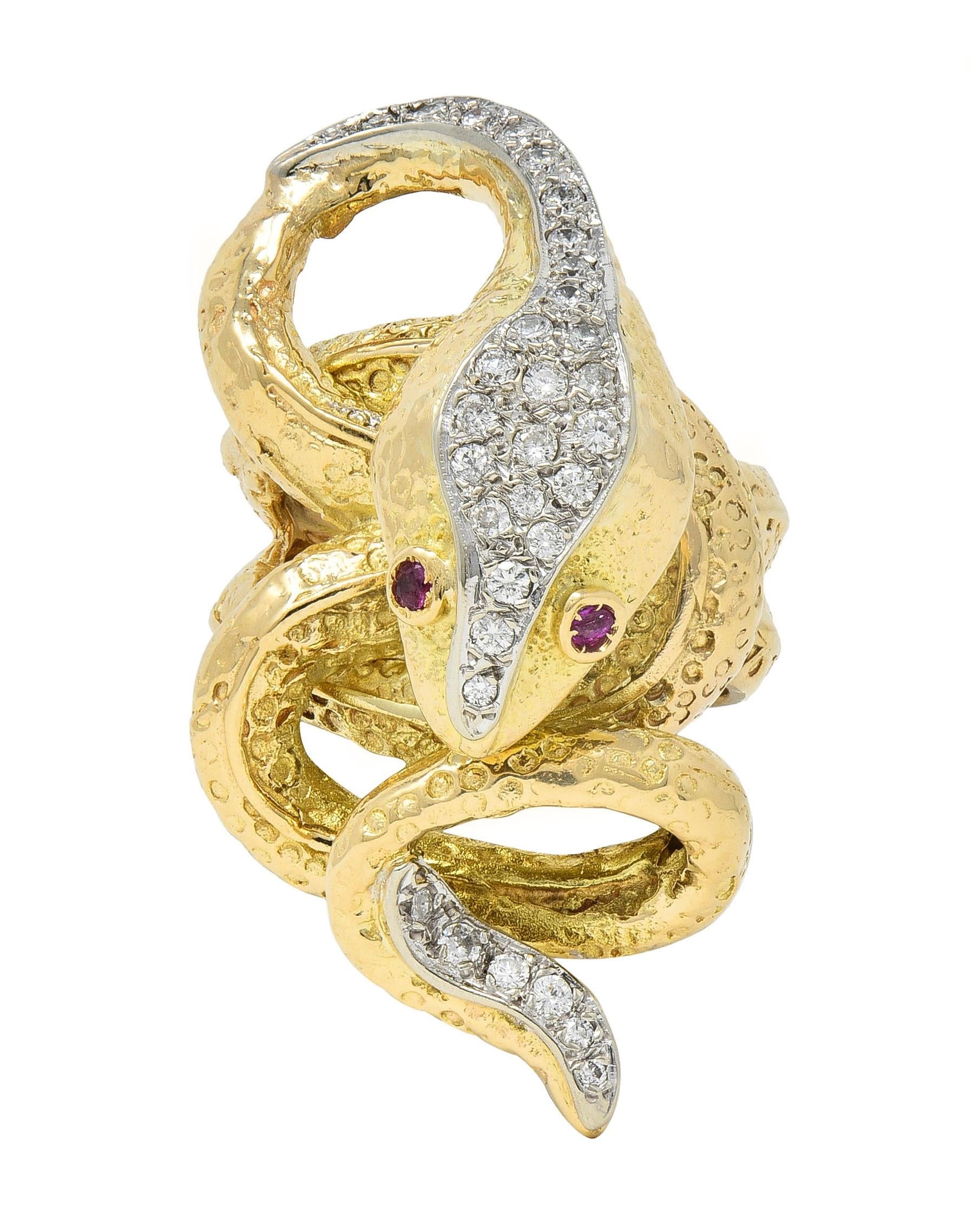 1970's 1.00 CTW Diamond Ruby 14 Karat Two-Tone Gold Vintage Snake Ring