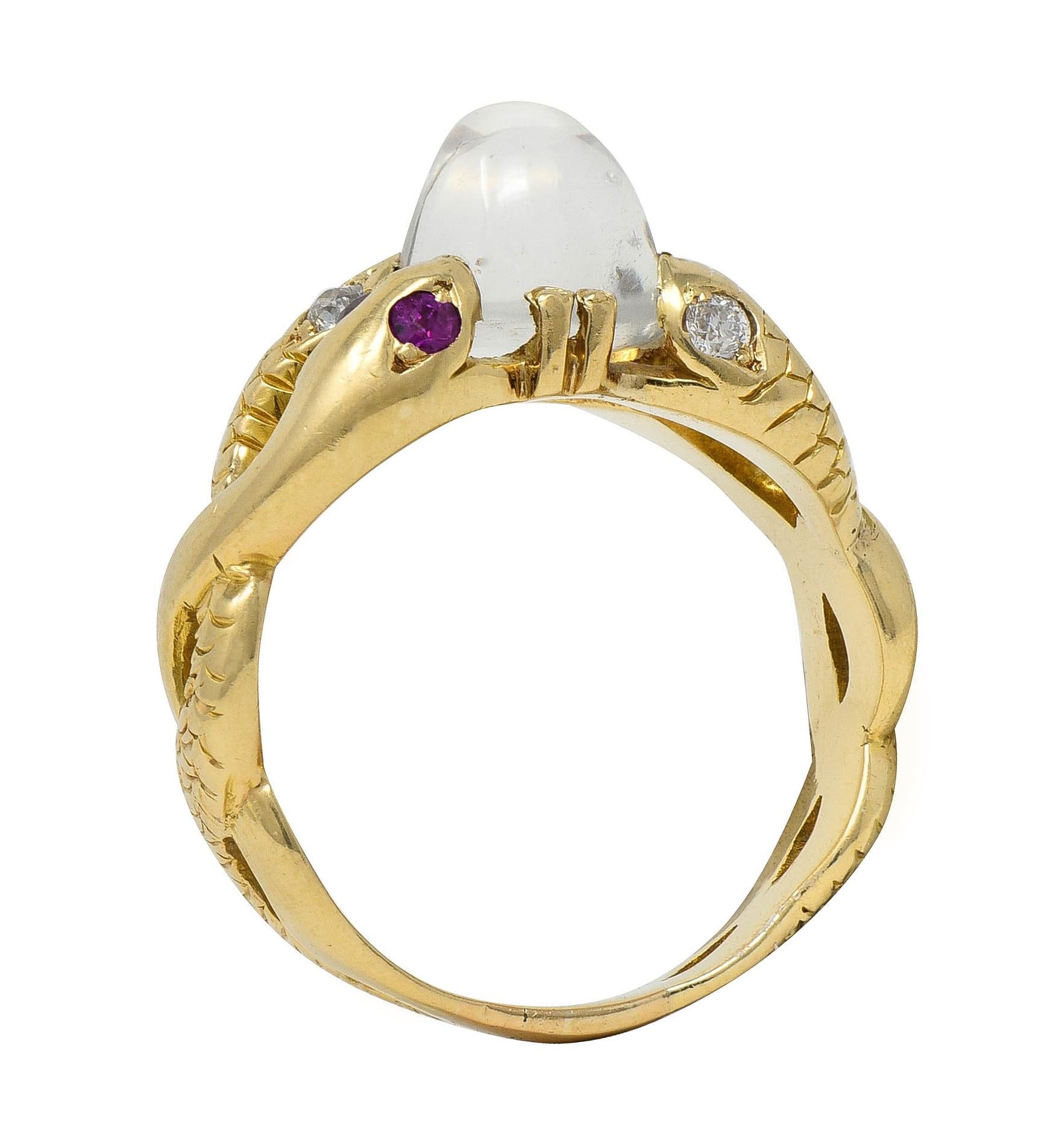 Victorian Ruby Diamond Moonstone Cabochon 14K Yellow Gold Antique Snake Ring