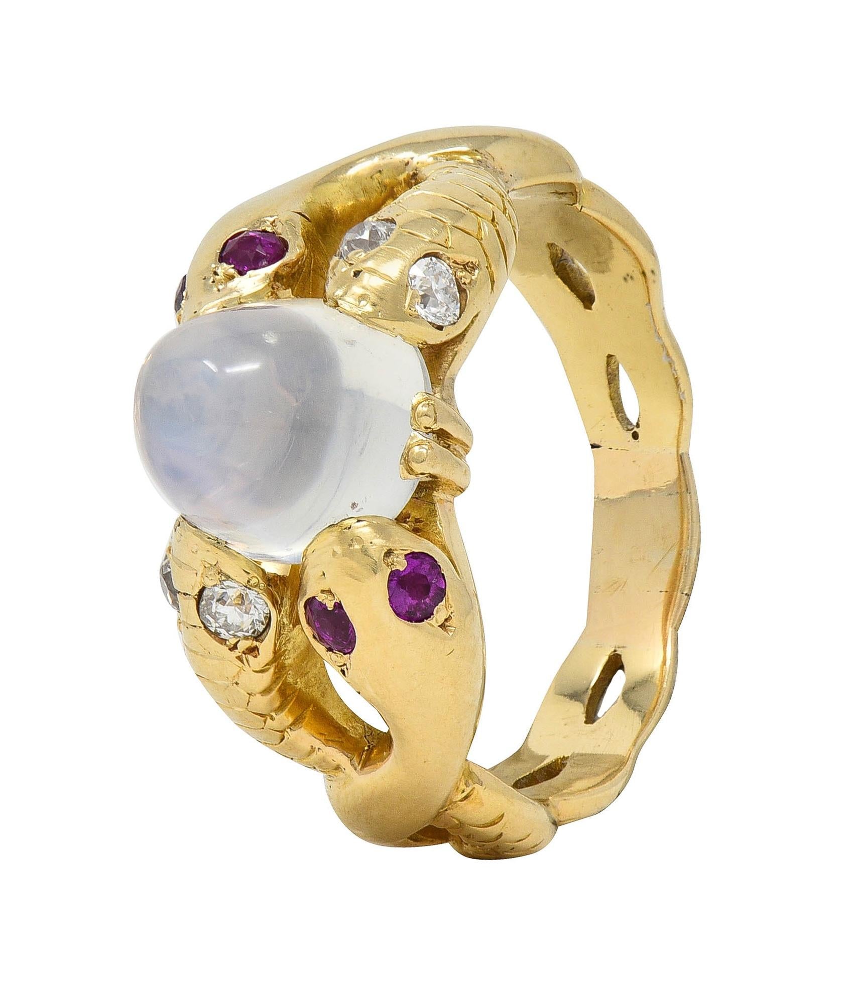 Victorian Ruby Diamond Moonstone Cabochon 14K Yellow Gold Antique Snake Ring