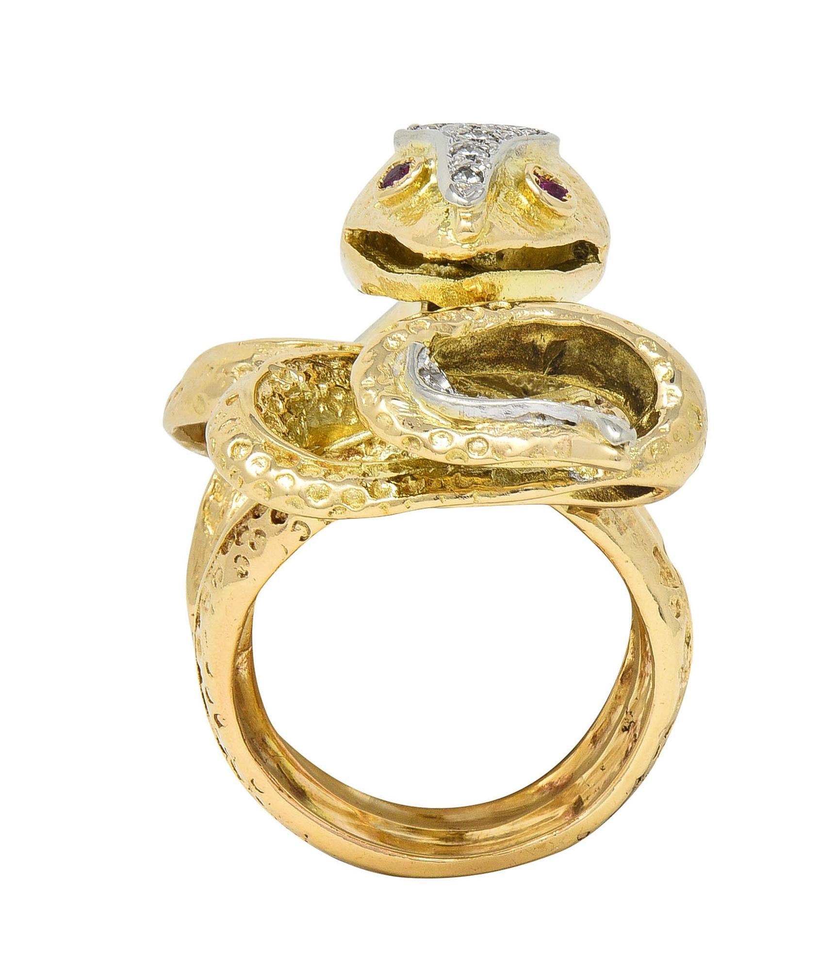 1970's 1.00 CTW Diamond Ruby 14 Karat Two-Tone Gold Vintage Snake Ring