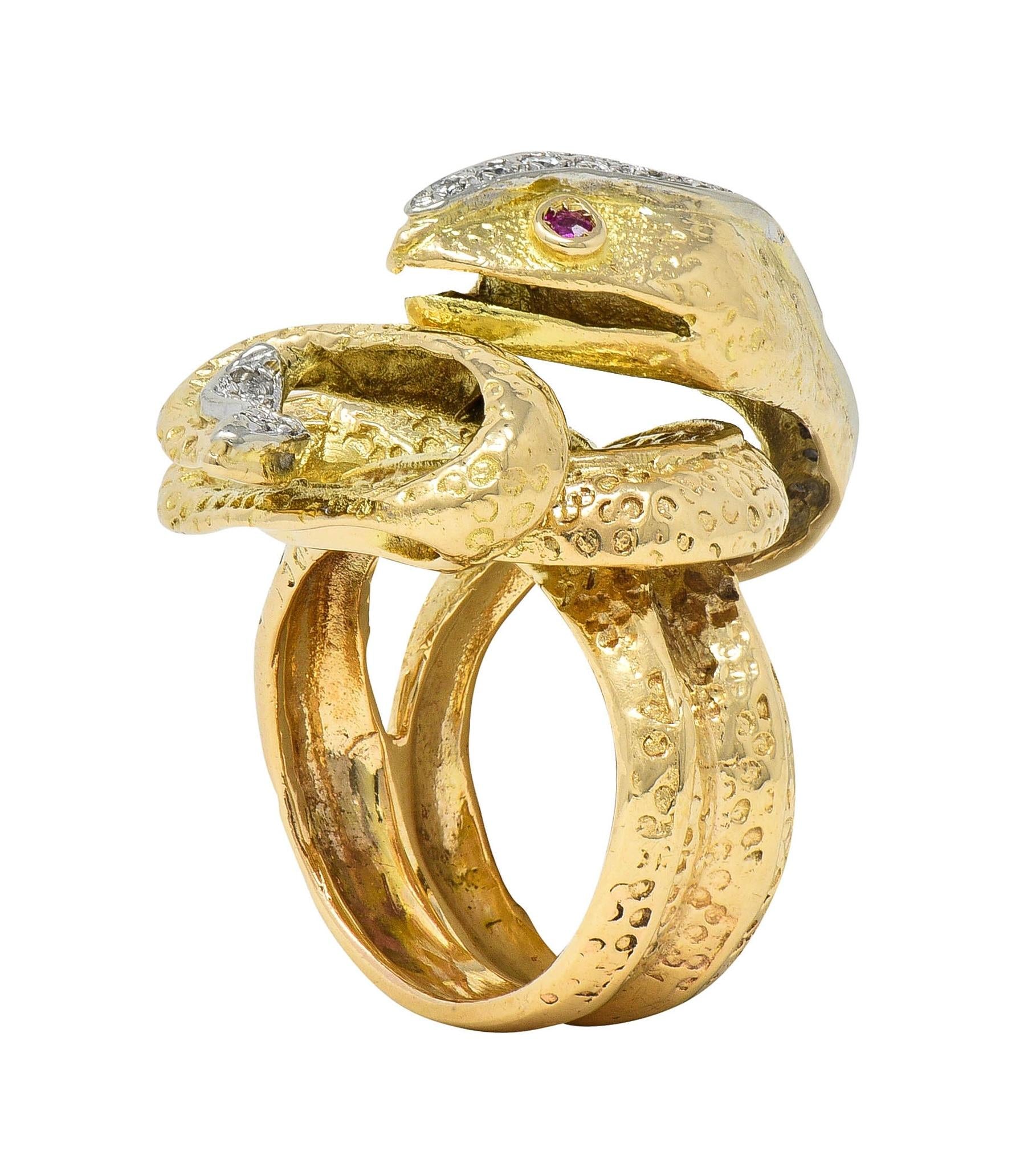 1970's 1.00 CTW Diamond Ruby 14 Karat Two-Tone Gold Vintage Snake Ring