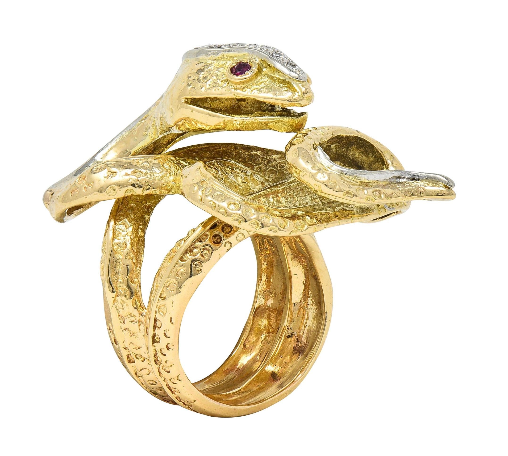 1970's 1.00 CTW Diamond Ruby 14 Karat Two-Tone Gold Vintage Snake Ring