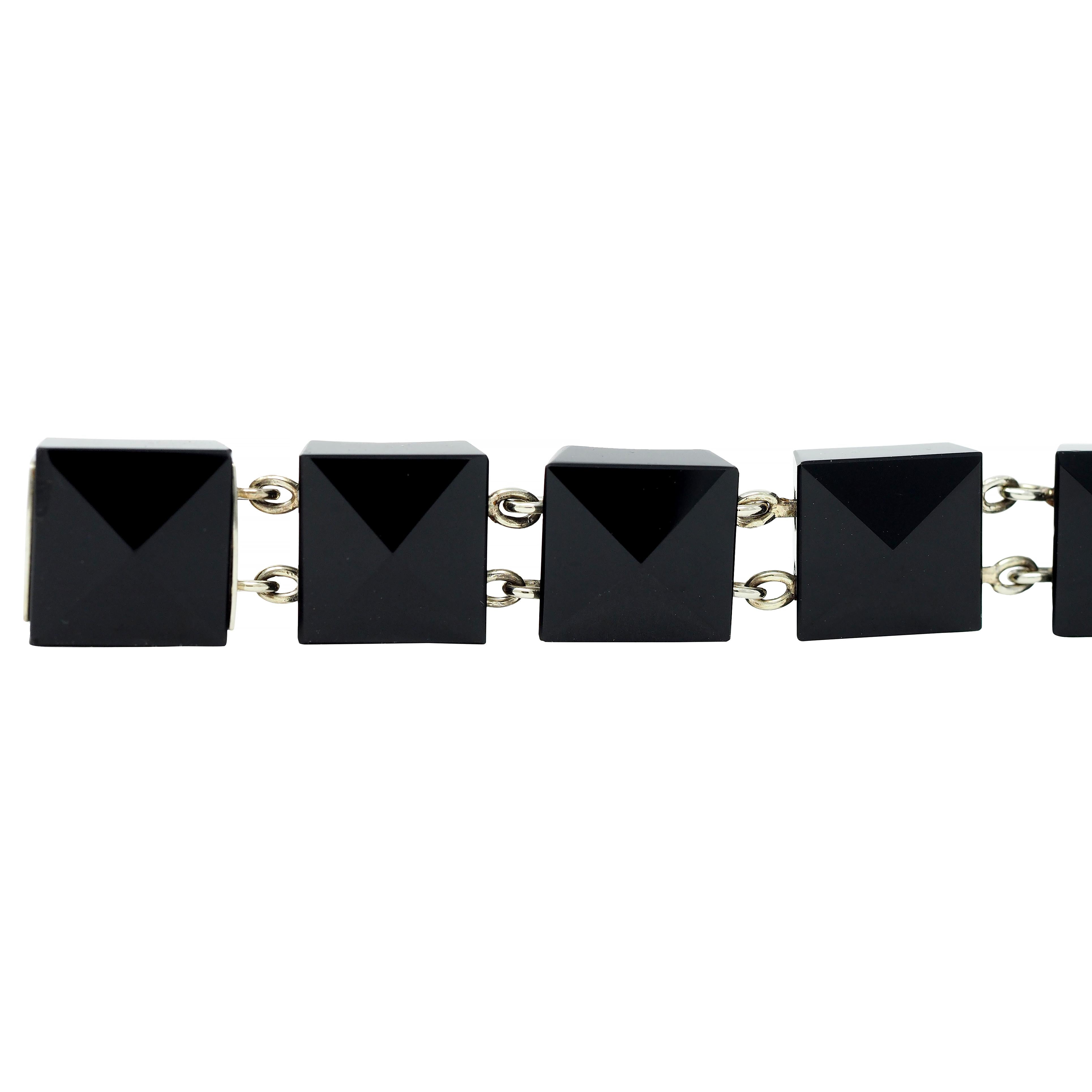 Early Art Deco Onyx 18 Karat White Gold Pyramid Link Antique Bracelet