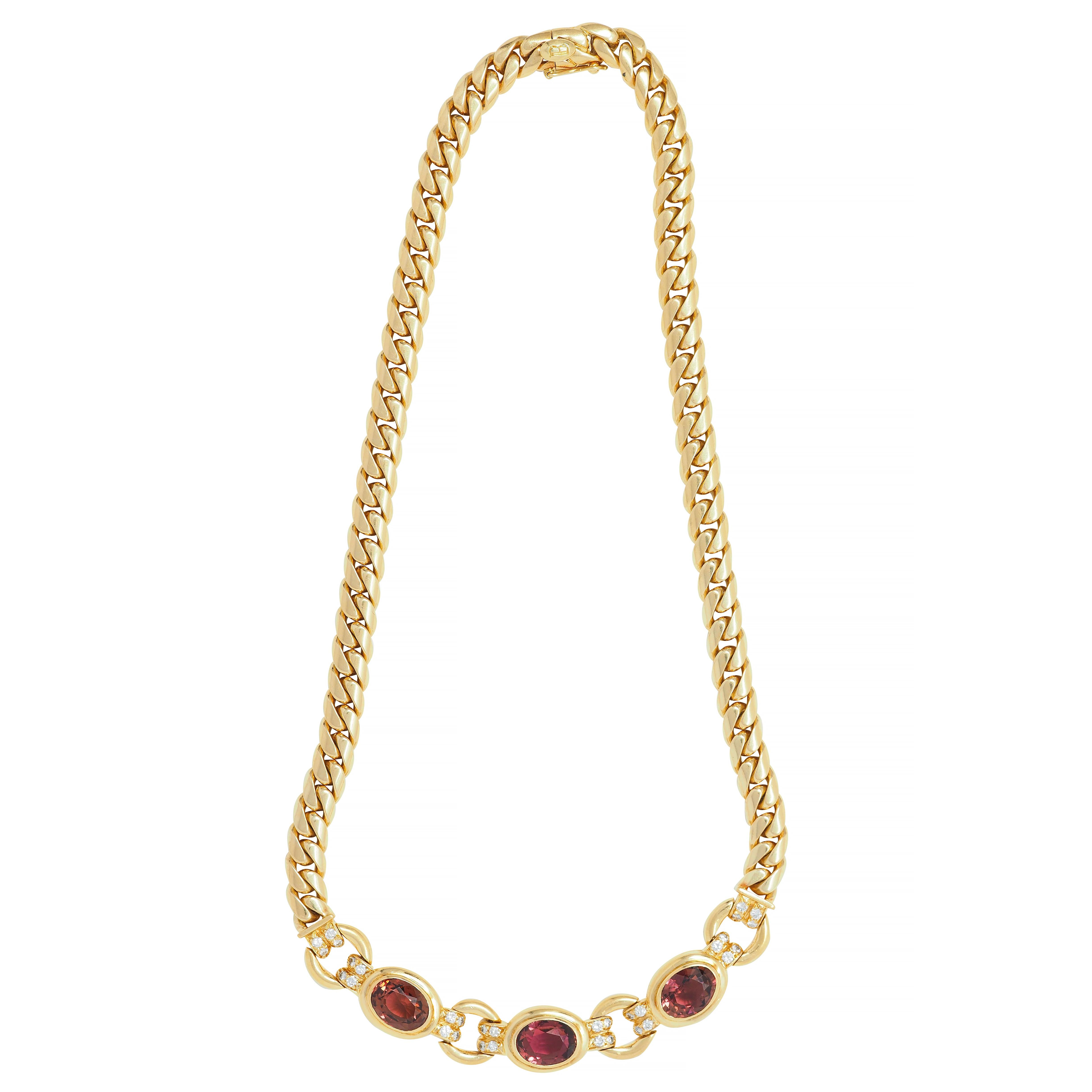 Bulgari 1980's Diamond Tourmaline 18K Yellow Gold Curb Link Vintage Necklace