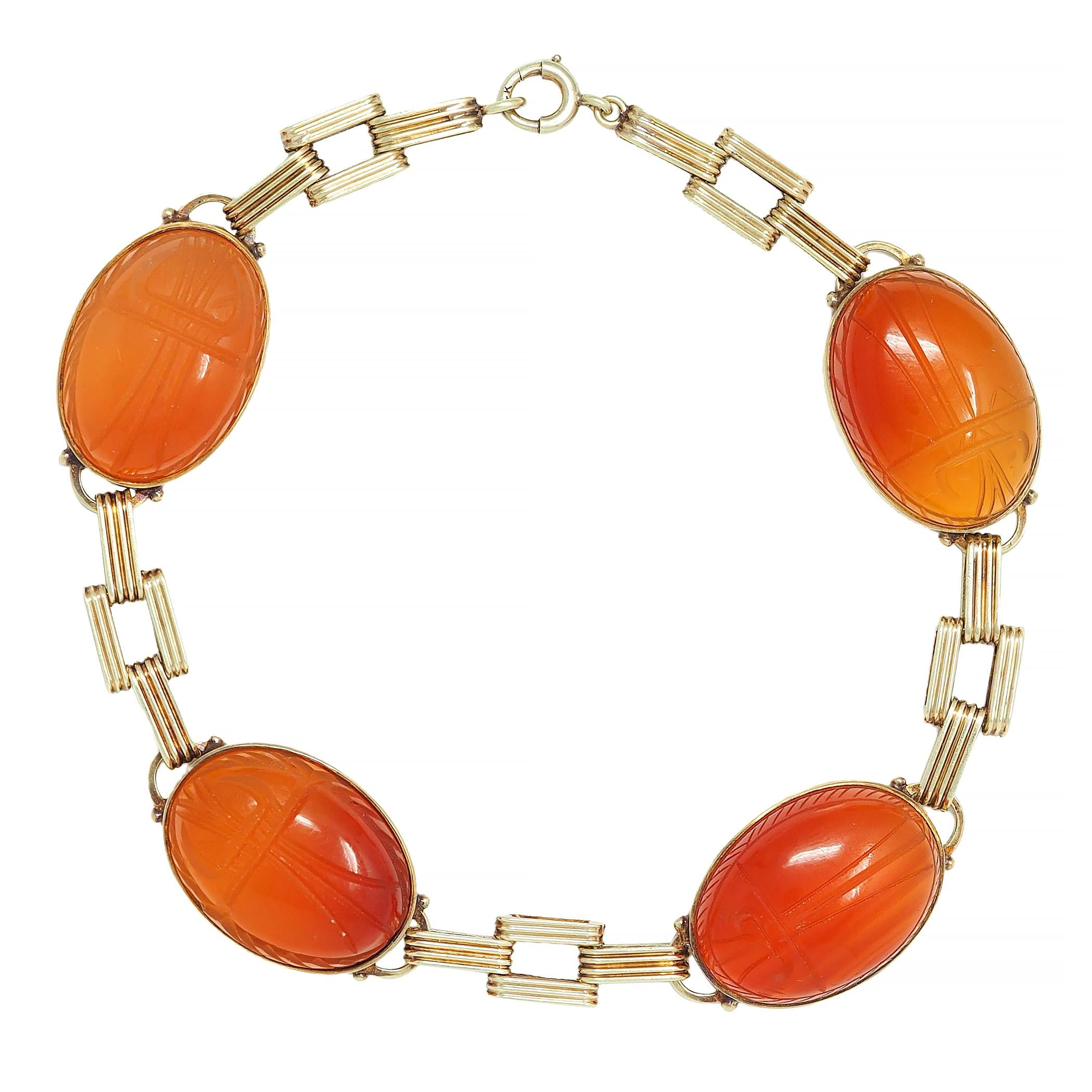 Victorian Egyptian Revival Carnelian 14K Gold Antique Scarab Link Bracelet