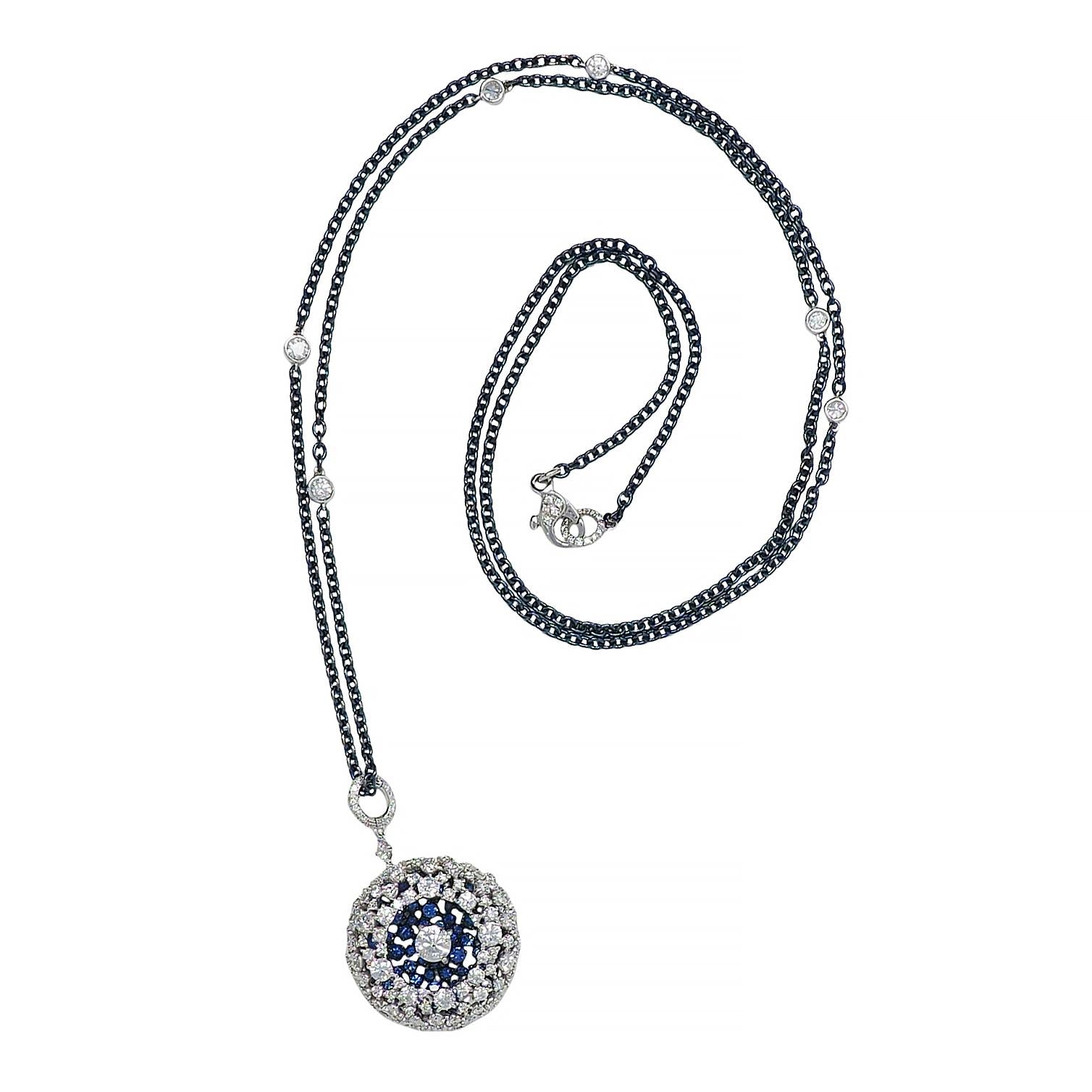 Mariani 7.25 CTW Sapphire Diamond 18K Gold Blue Rhodium PonPon Pendant Necklace