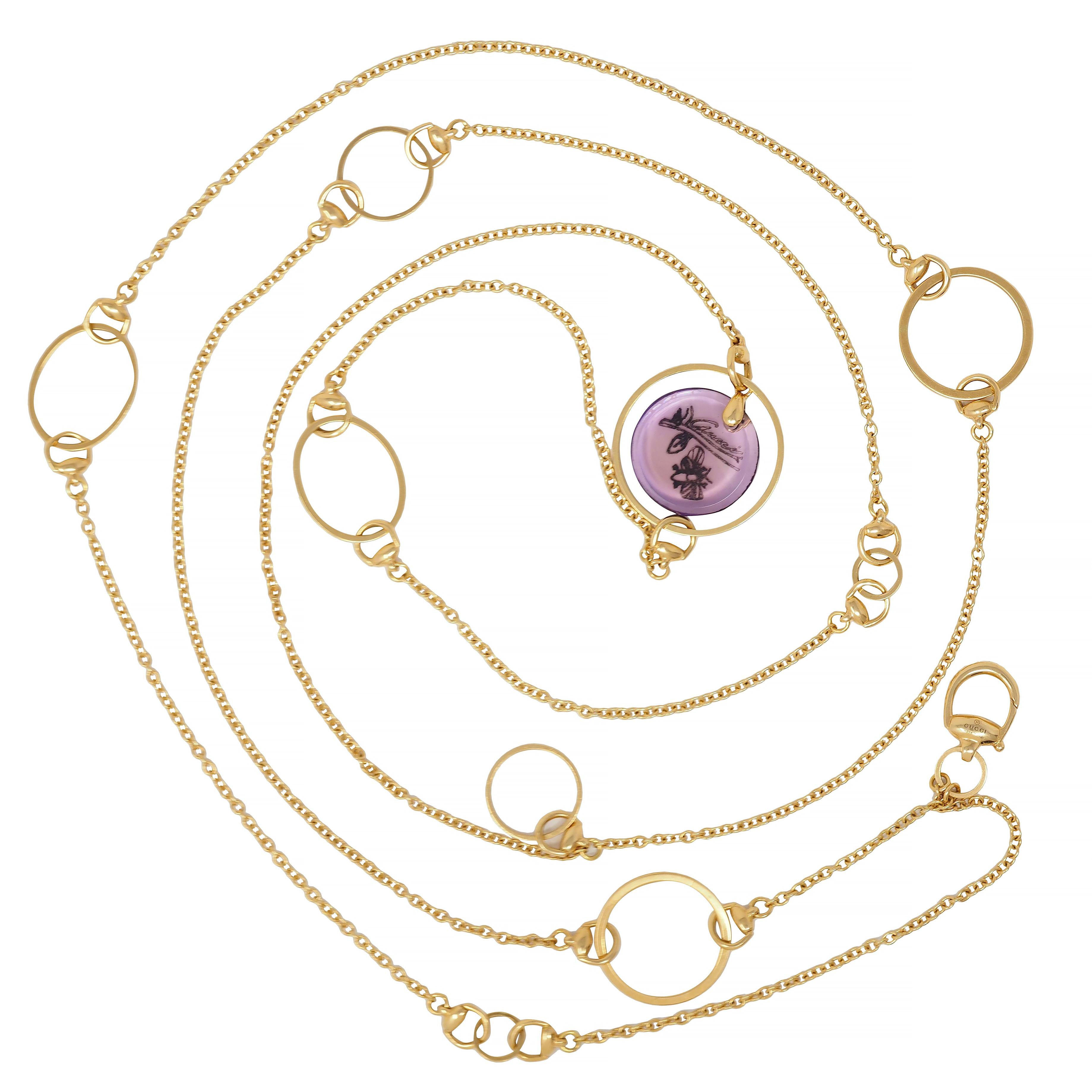 Gucci 2000's Amethyst 18 Karat Yellow Gold Flora Bee Horsebit Station Necklace