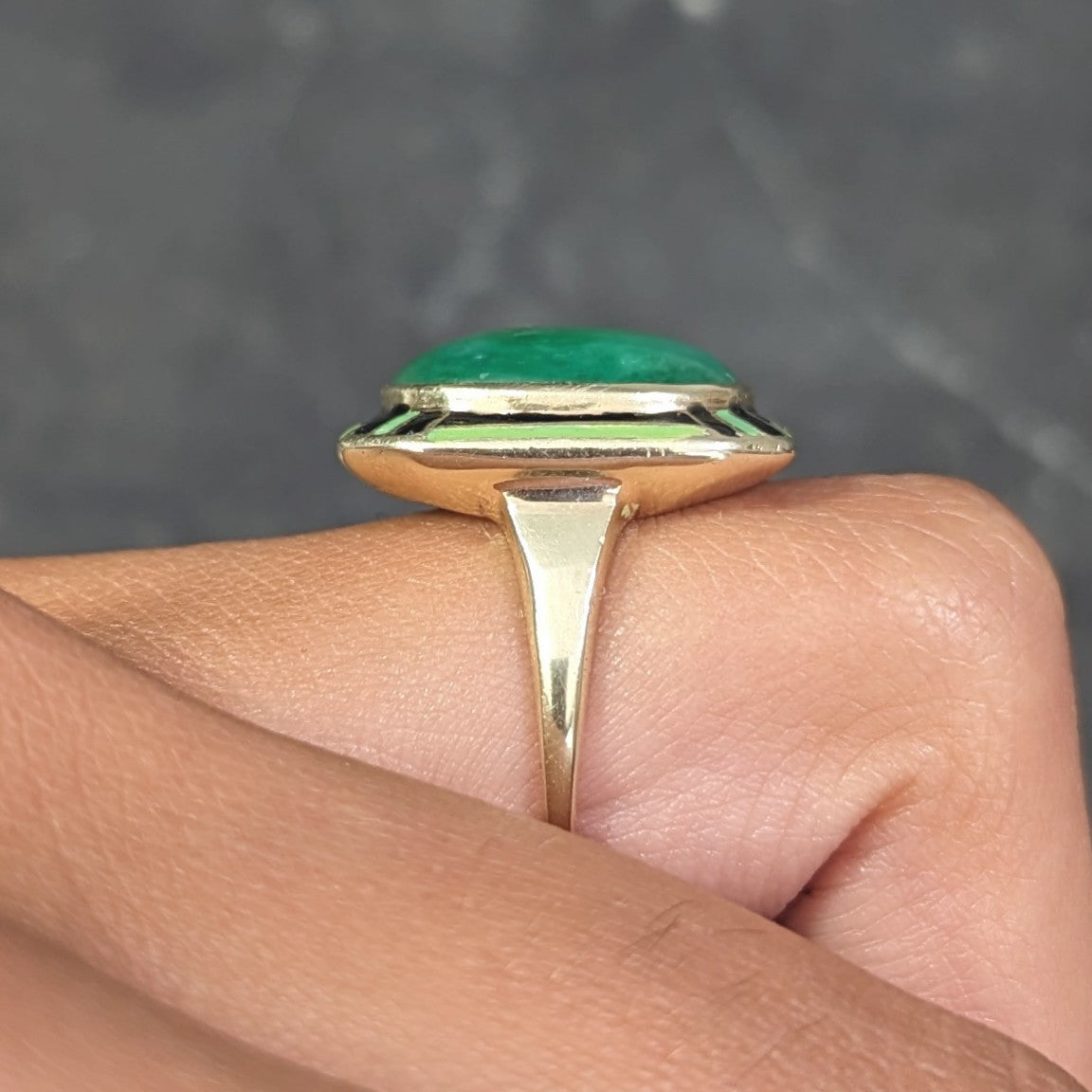 Art Deco Jade Cabochon Enamel 14 Karat Yellow Gold Dinner Ring Wilson's Estate Jewelry