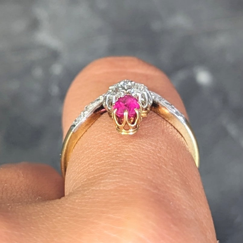 French Victorian Ruby Diamond Platinum 18 Karat Yellow Gold Fleur-De-Lis Antique Ring Wilson's Estate Jewelry