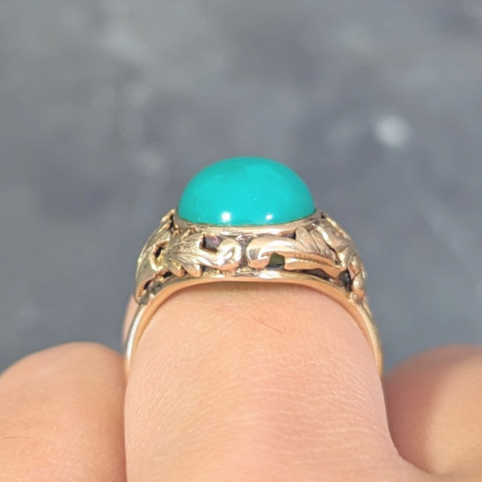 Arts & Crafts Chrysoprase Cabochon 14 Karat Gold Foliate Floral Antique Ring Wilson's Estate Jewelry