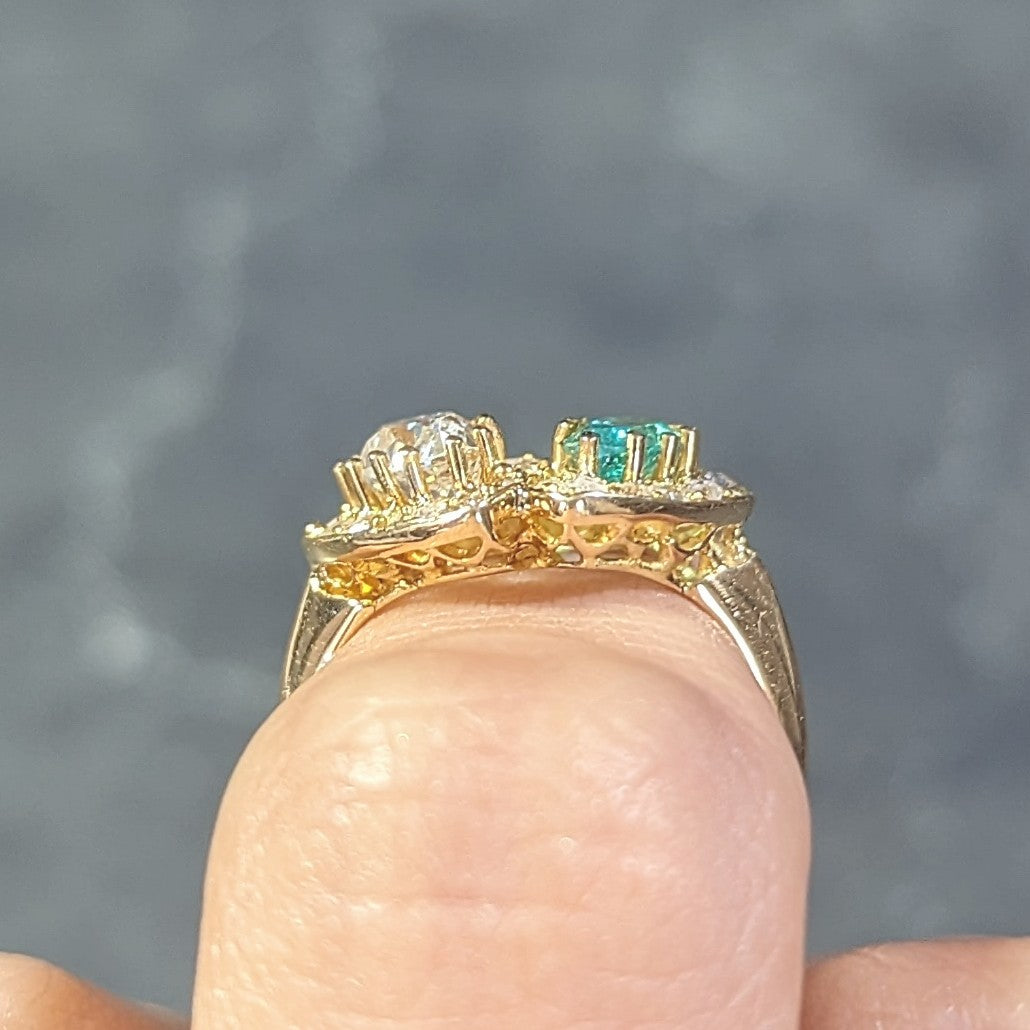 Vintage 1.63 CTW Emerald Diamond 18 Karat Yellow Gold Toi Et Moi Heart Ring Wilson's Estate Jewelry