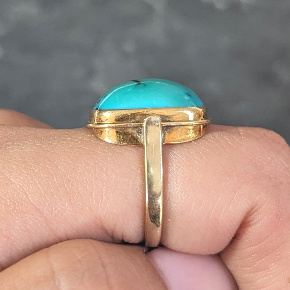 Modernist Turquoise Cabochon 14 Karat Yellow Gold Vintage Signet Ring Wilson's Estate Jewelry