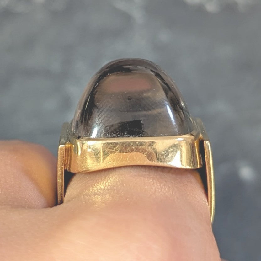 Modernist Smoky Quartz Sugarloaf Cabochon 18 Karat Yellow Gold Vintage Ring Wilson's Estate Jewelry