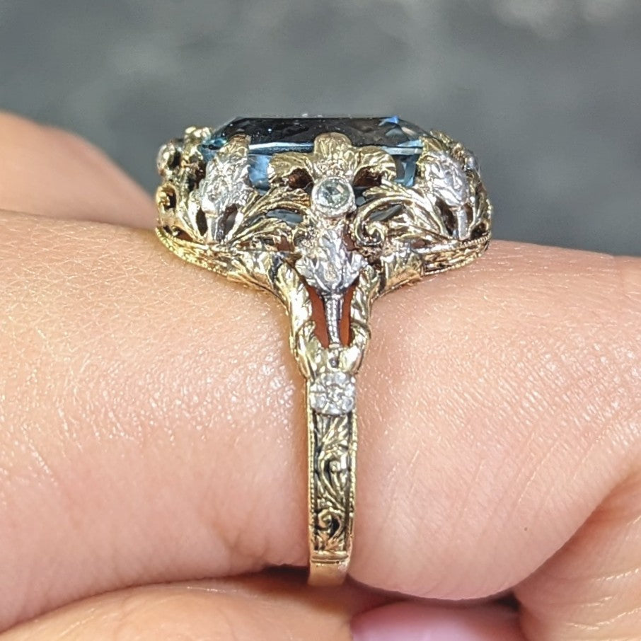 Victorian 6.52 CTW Aquamarine Diamond 14 Karat Gold Silver Floral Antique Ring Wilson's Estate Jewelry