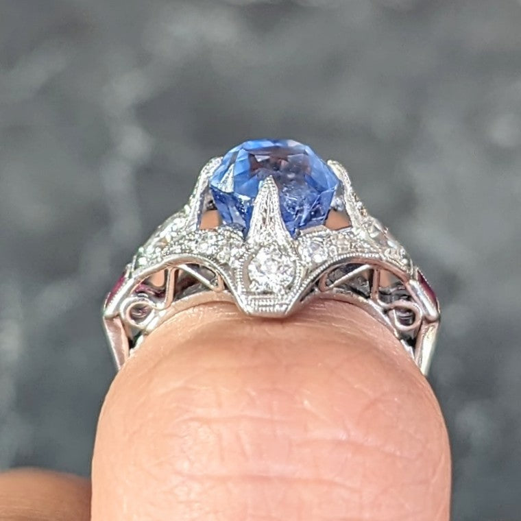 Art Deco 7.92 CTW No Heat Ceylon Sapphire Diamond Ruby Platinum Quatrefoil Vintage Ring GIA Wilson's Estate Jewelry