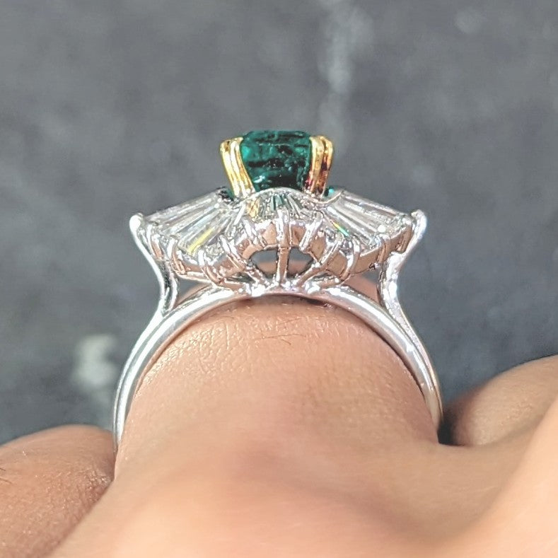 Mid-Century 3.58 CTW Emerald Diamond Platinum 18 Karat Gold Vintage Ballerina Halo Ring GIA Wilson's Estate Jewelry