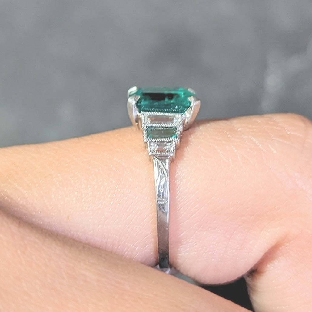 Art Deco 1.92 CTW Emerald Diamond Platinum Stepped Vintage Ring GIA Wilson's Estate Jewelry