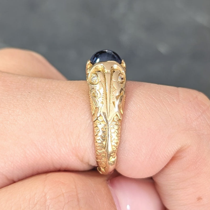 Art Nouveau Sapphire Cabochon Diamond 14 Karat Gold Koi Fish Unisex Antique  Ring