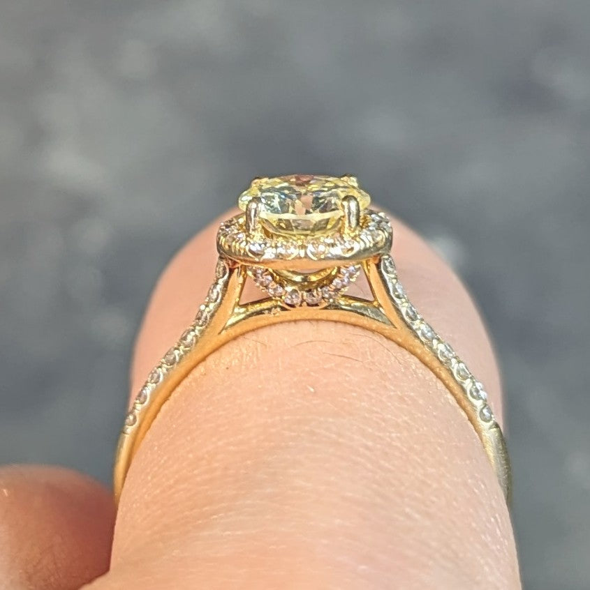 Contemporary 1.65 CTW Fancy Light Yellow Diamond 18 Karat Yellow Gold Halo Engagement Ring GIA Wilson's Estate Jewelry