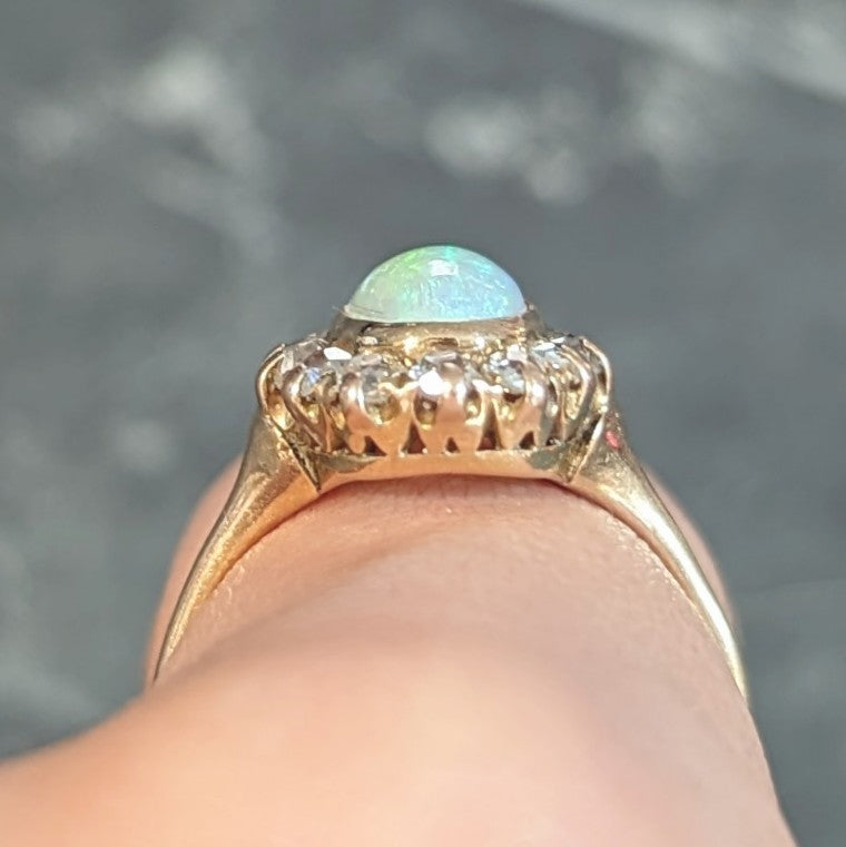 Victorian 0.86 CTW Opal Cabochon Diamond 14 Karat Yellow Gold Antique Halo Ring Wilson's Estate Jewelry