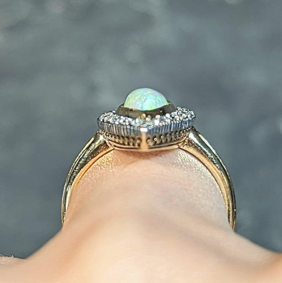 Edwardian French Opal Diamond Platinum 18 Karat Yellow Gold Antique Navette Ring Wilson's Estate Jewelry