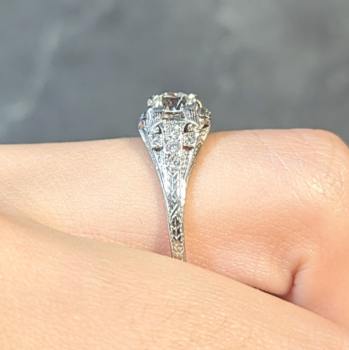 Art Deco 0.88 CTW Old European Cut Diamond Platinum Vintage Wheat Engagement Ring Wilson's Estate Jewelry