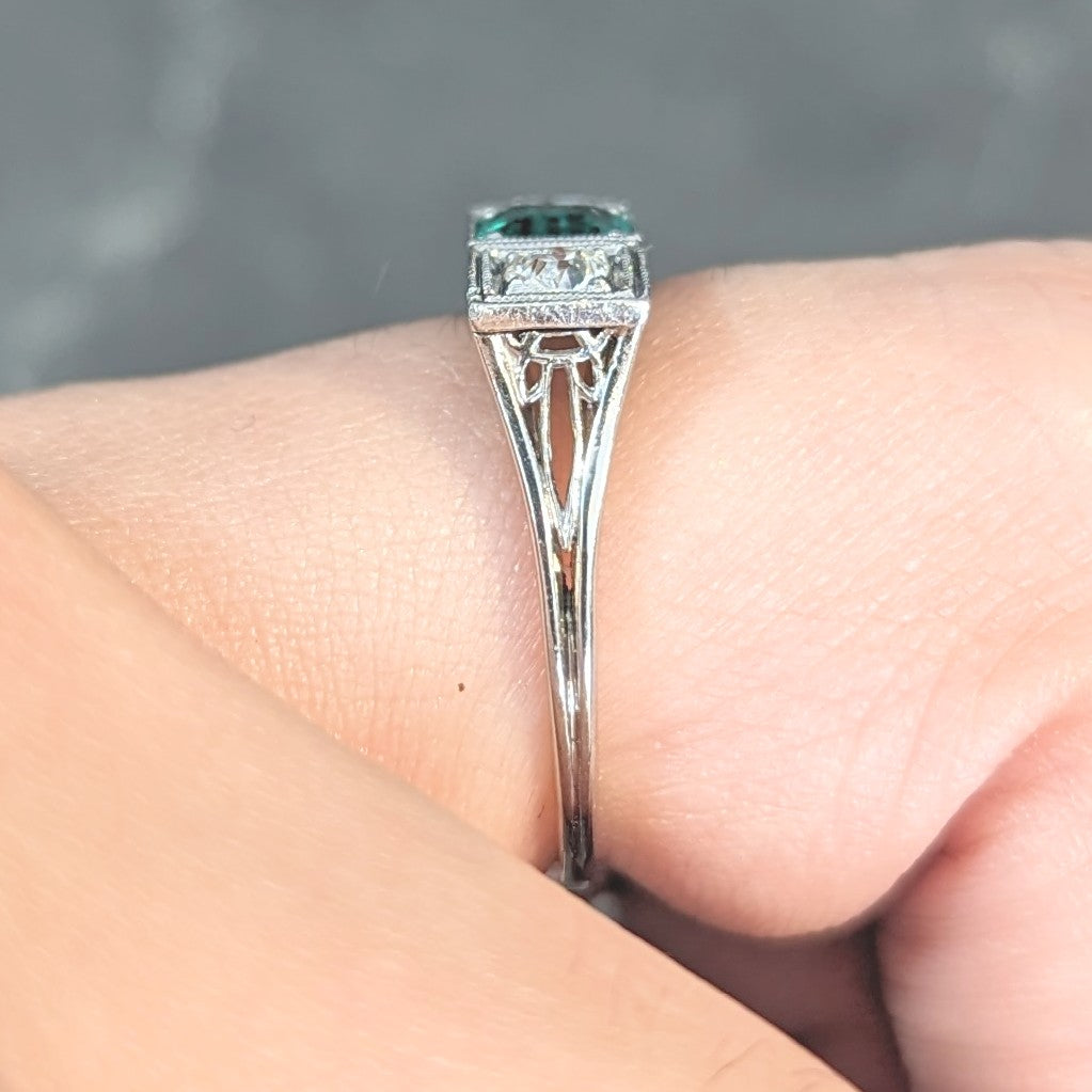 Art Deco Emerald Diamond Platinum Three Stone Vintage Geometric Ring Wilson's Estate Jewelry