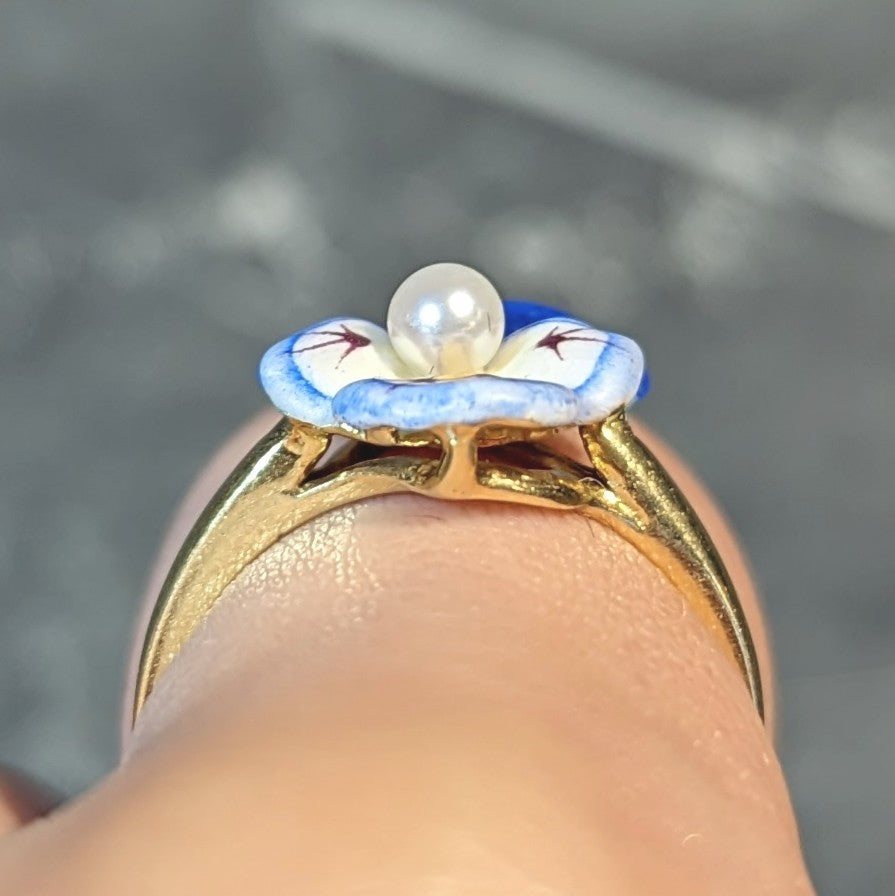 Larter & Sons Art Nouveau Pearl Enamel 18 Karat Yellow Gold Pansy Ring Wilson's Estate Jewelry