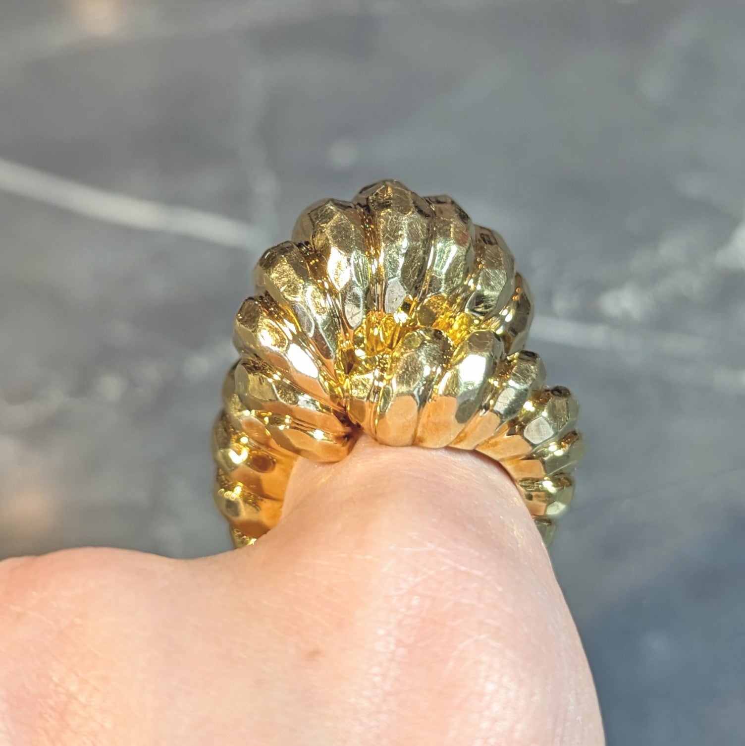 Henry Dunay 1970's 18 Karat Yellow Gold Hammered Knot Vintage Dome Ring Wilson's Estate Jewelry