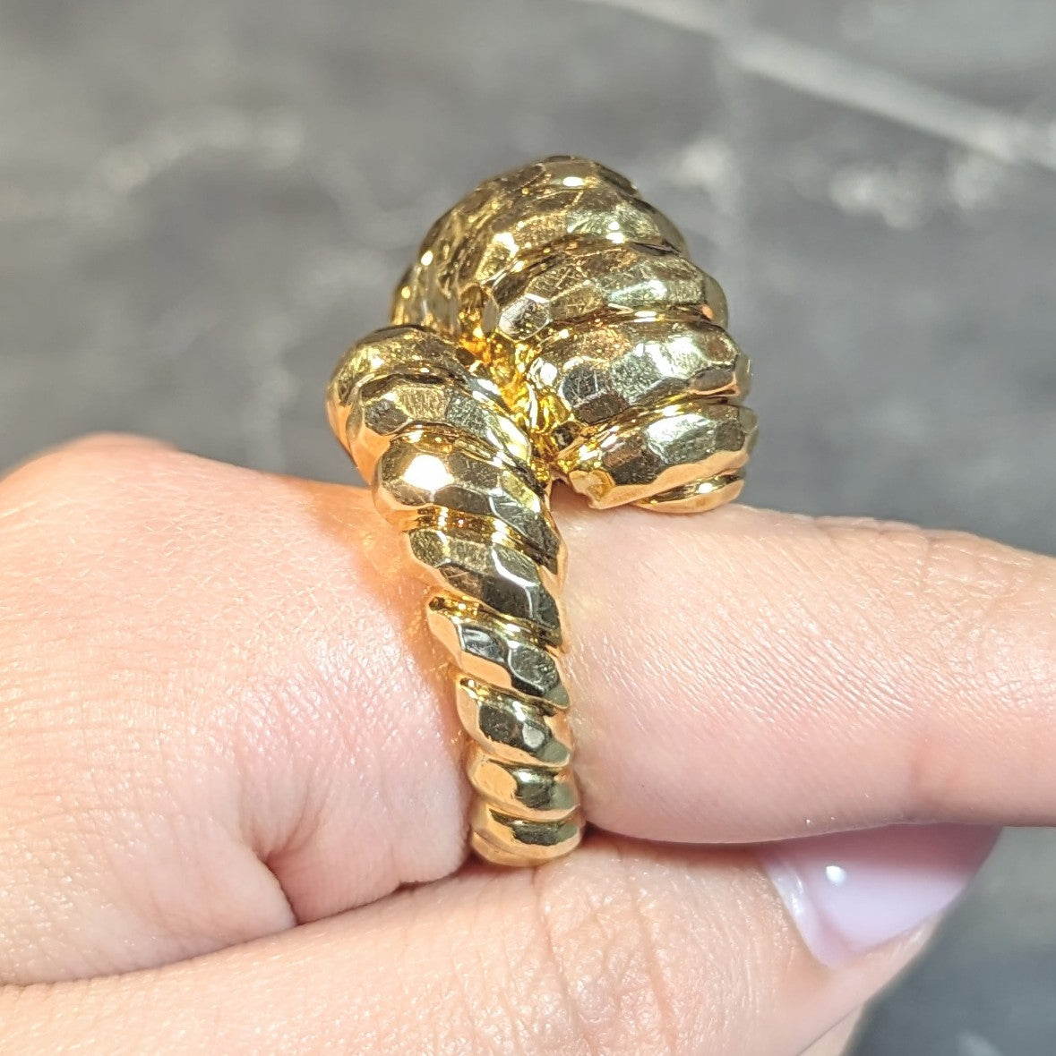 Henry Dunay 1970's 18 Karat Yellow Gold Hammered Knot Vintage Dome Ring Wilson's Estate Jewelry