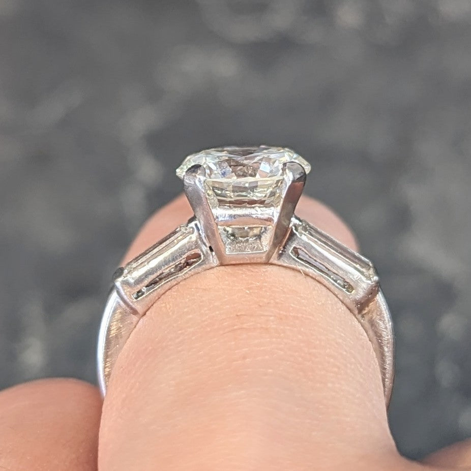 Mid-Century 2.74 CTW Transitional Cut Diamond Platinum Three Stone Engagement Ring GIA Wilson's Estate Jewelry