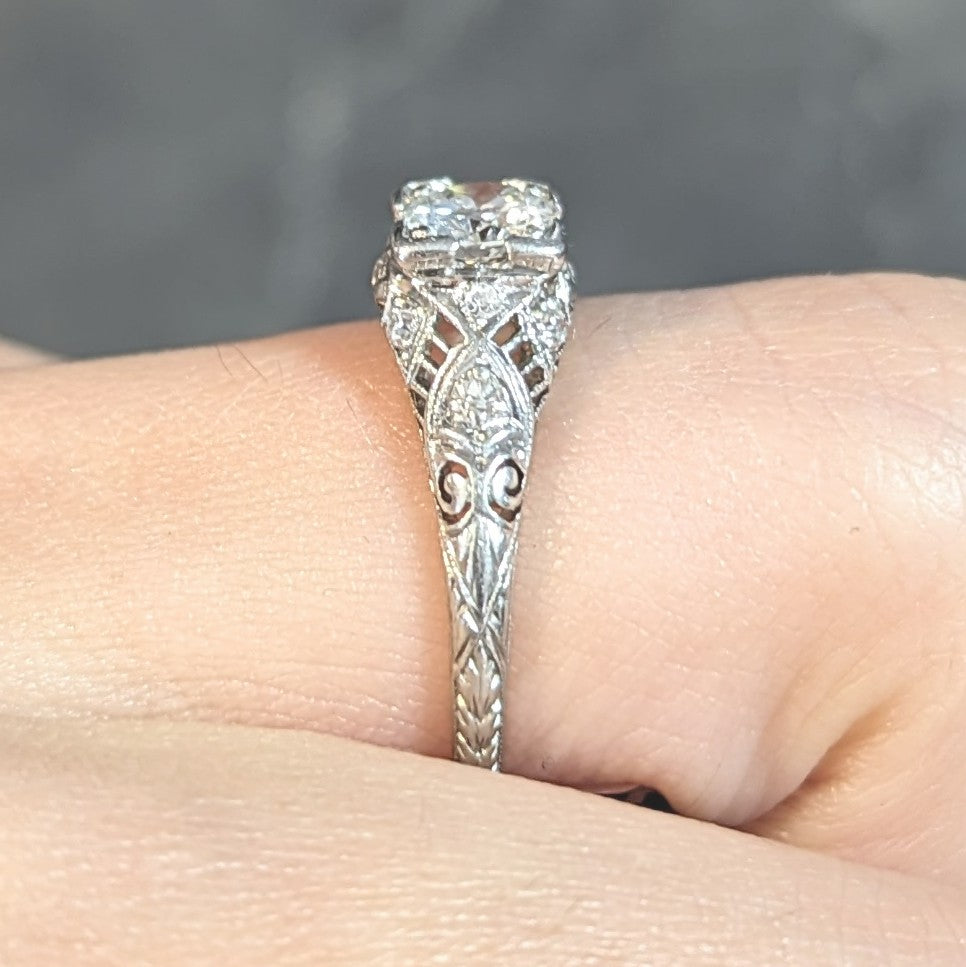 Art Deco 0.75 CTW Old European Diamond Platinum Swirl Vintage Engagement Ring Wilson's Estate Jewelry