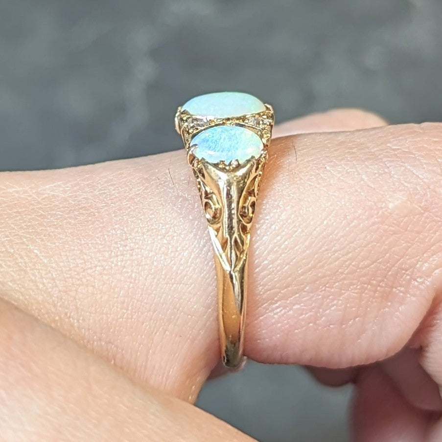 Victorian Opal Diamond 18 Karat Yellow Gold Antique Three Stone Band Ring Wilson's Estate Jewelry