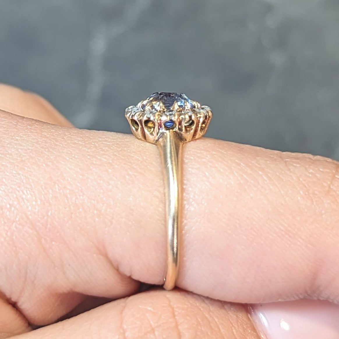 Victorian 1.37 CTW Sapphire Diamond 14 Karat Rose Gold Antique Halo Ring Wilson's Estate Jewelry